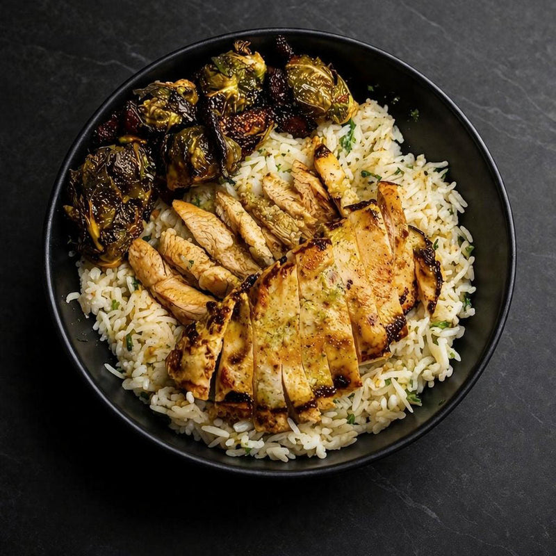 Chicken and Rice Bowl – Green Epis Chicken with Brussels Sprouts