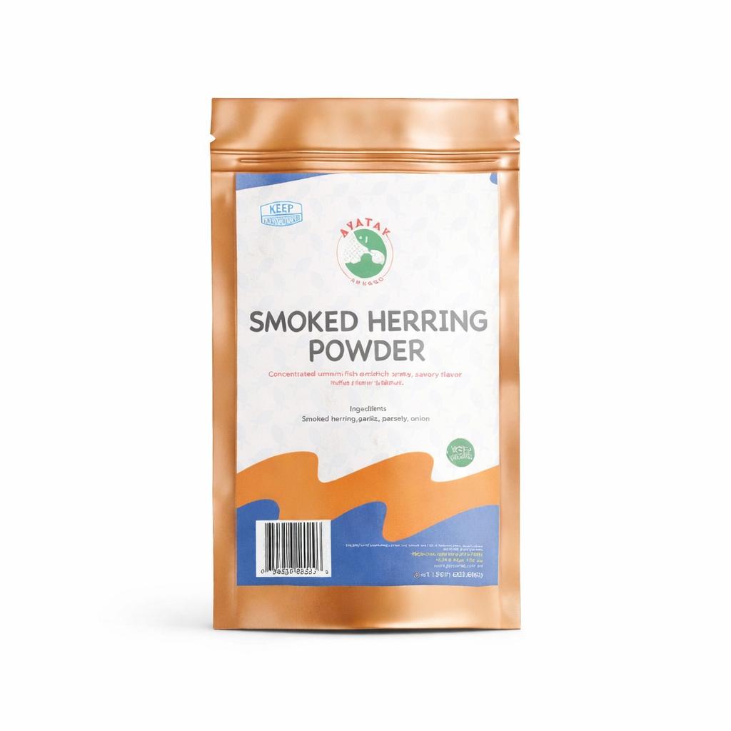 Front view of smoked herring powder package