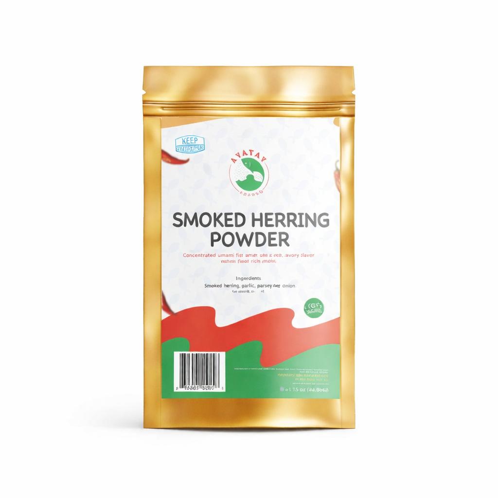 Front view of spicy herring powder package