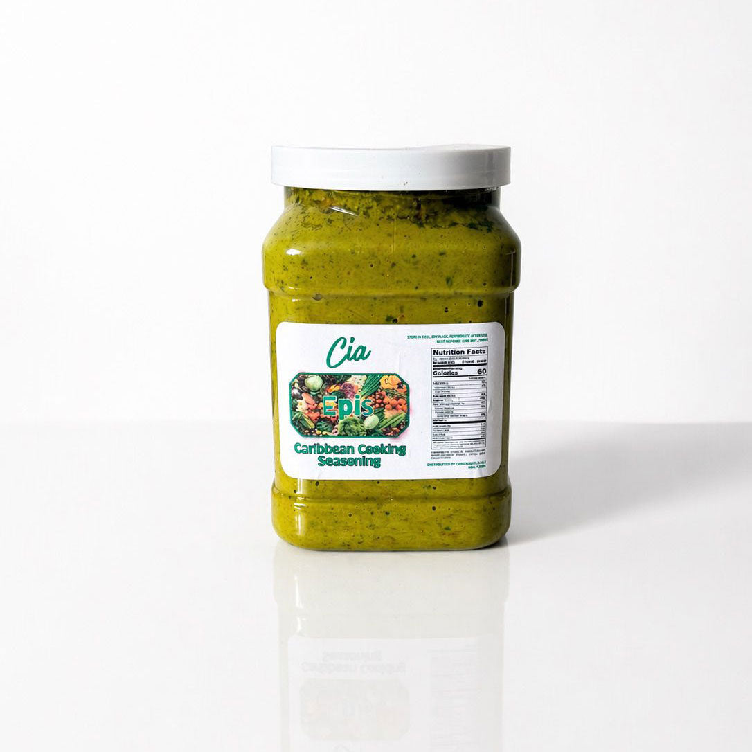 Front view of a jar of Cia Epis, Caribbean green seasoning