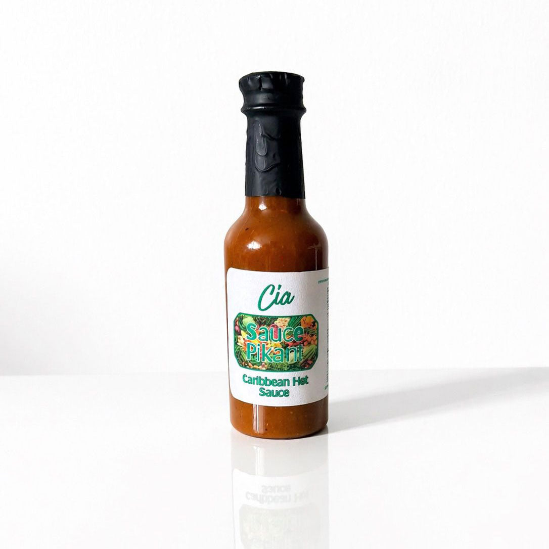 Front view of jar of Cia Sauce Pikant, a Caribbean hot sauce