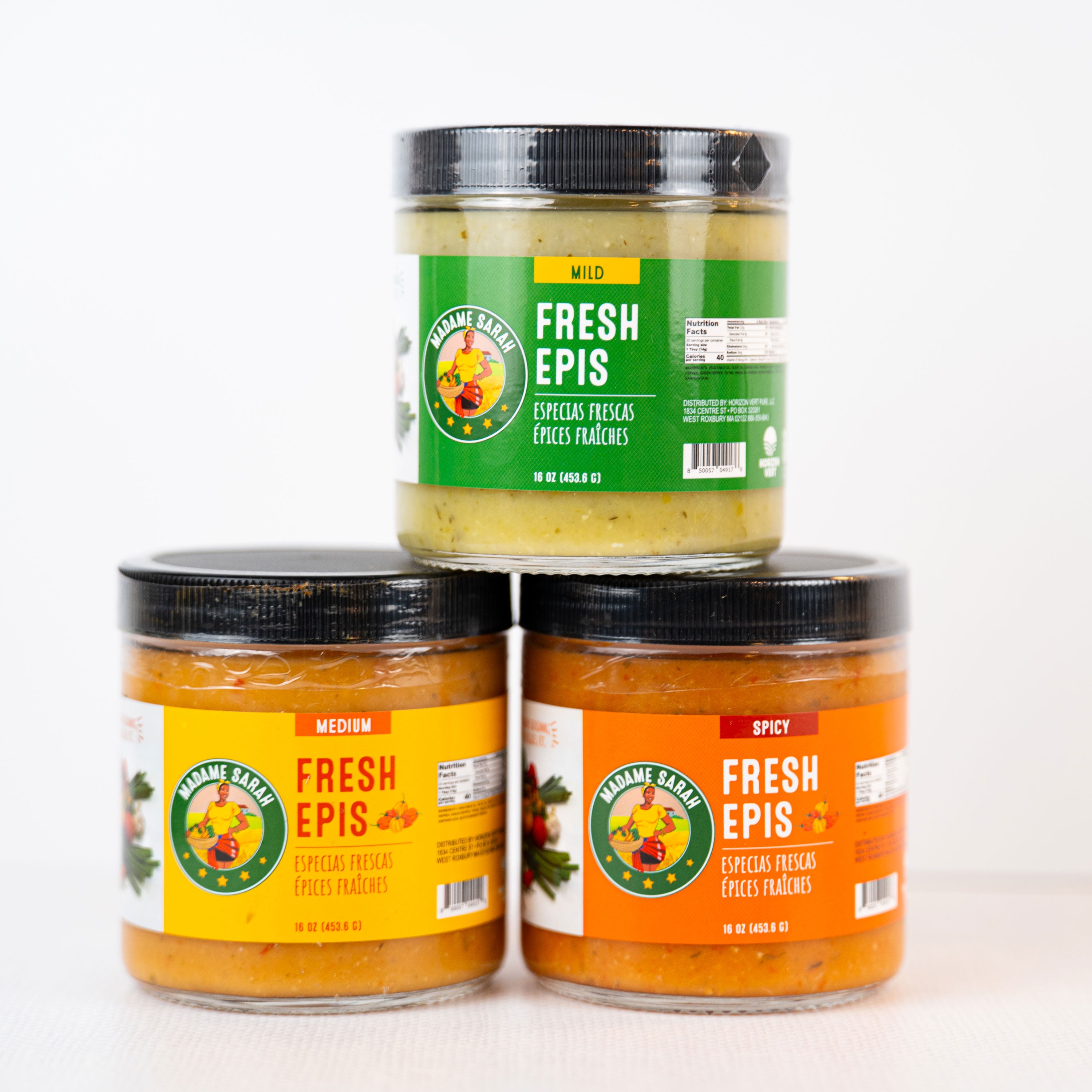 Three jars of Madame Sarah Fresh Epis Seasoning: Mild, Medium, and Spicy