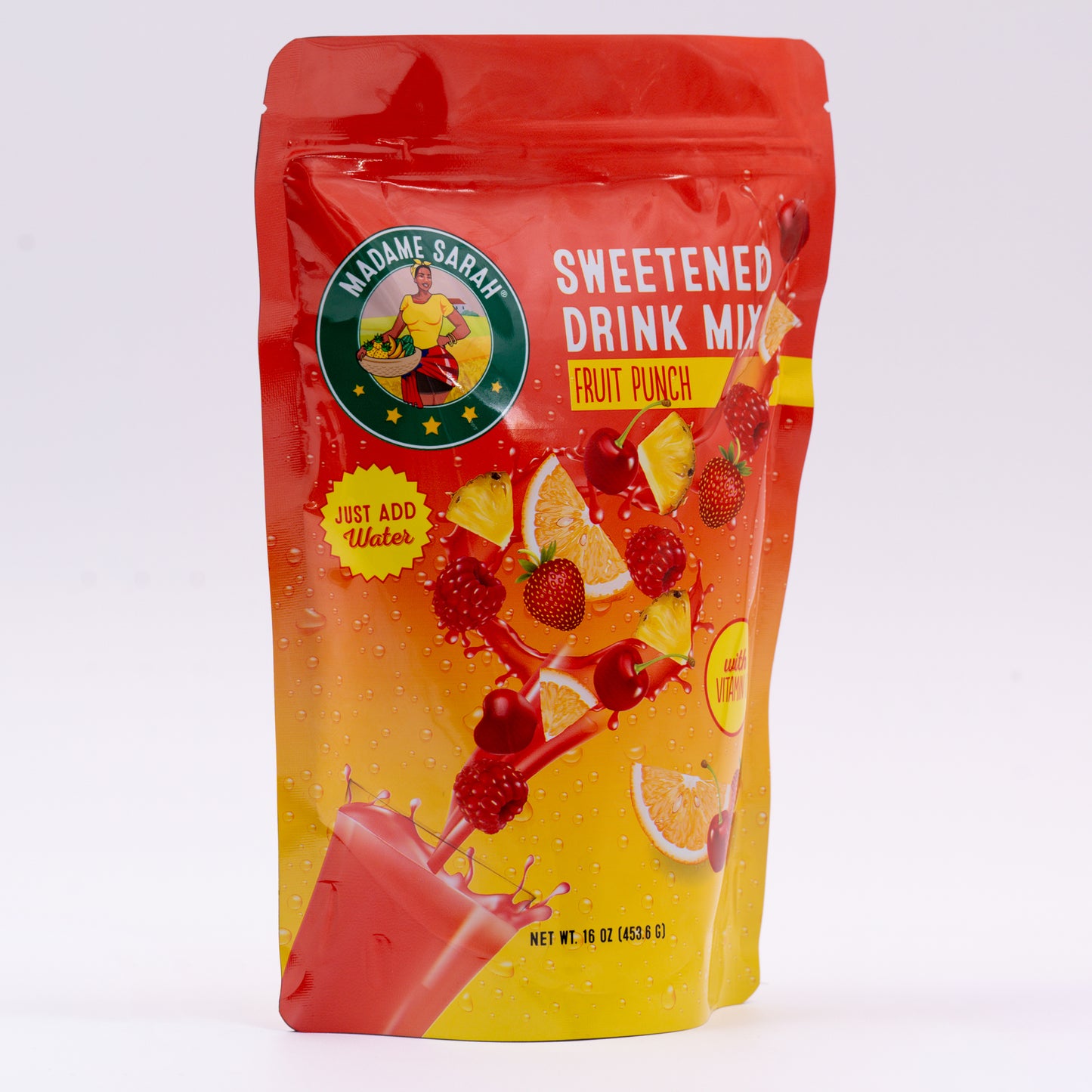 Angled view of powder fruit punch mix package