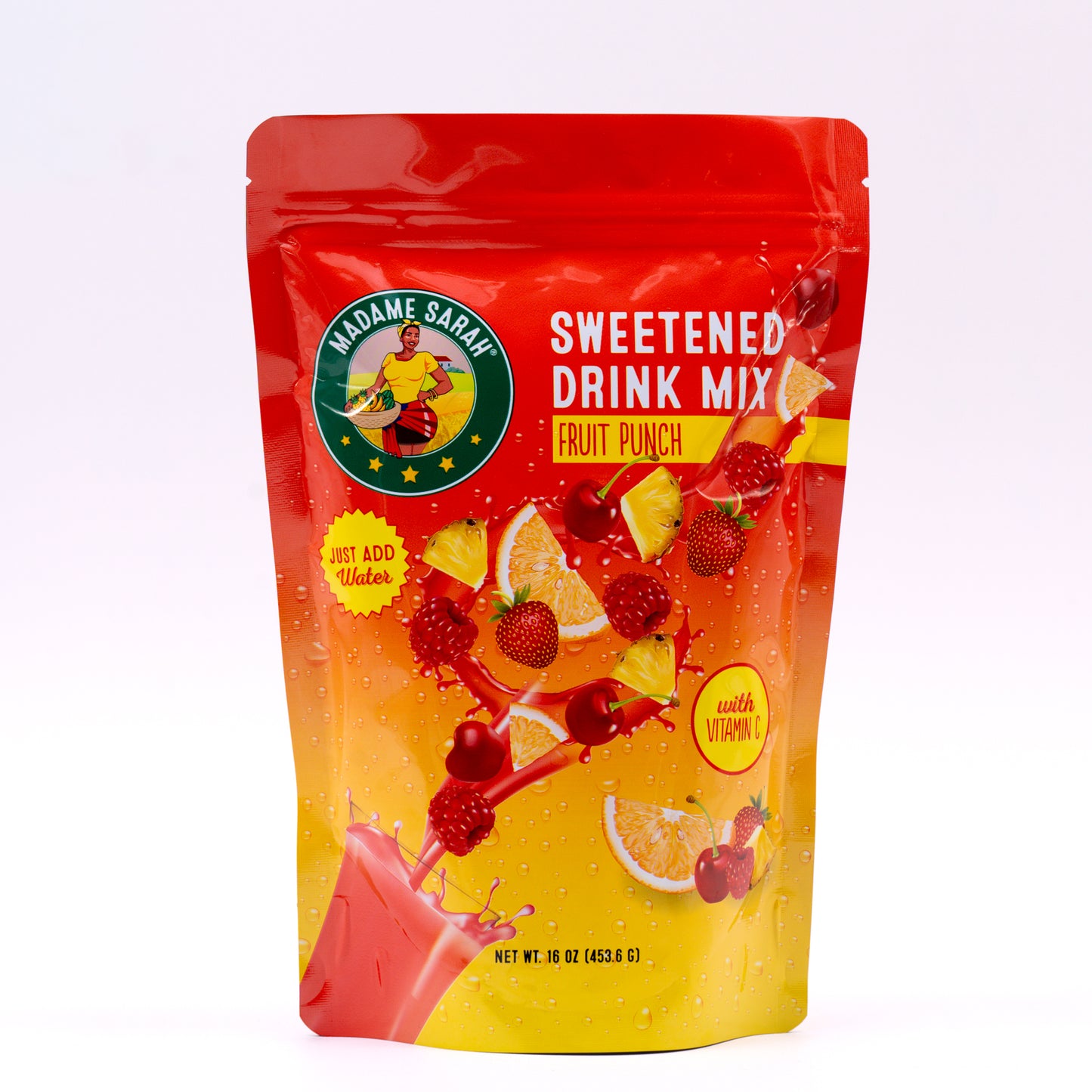 Front view of powder fruit punch mix package