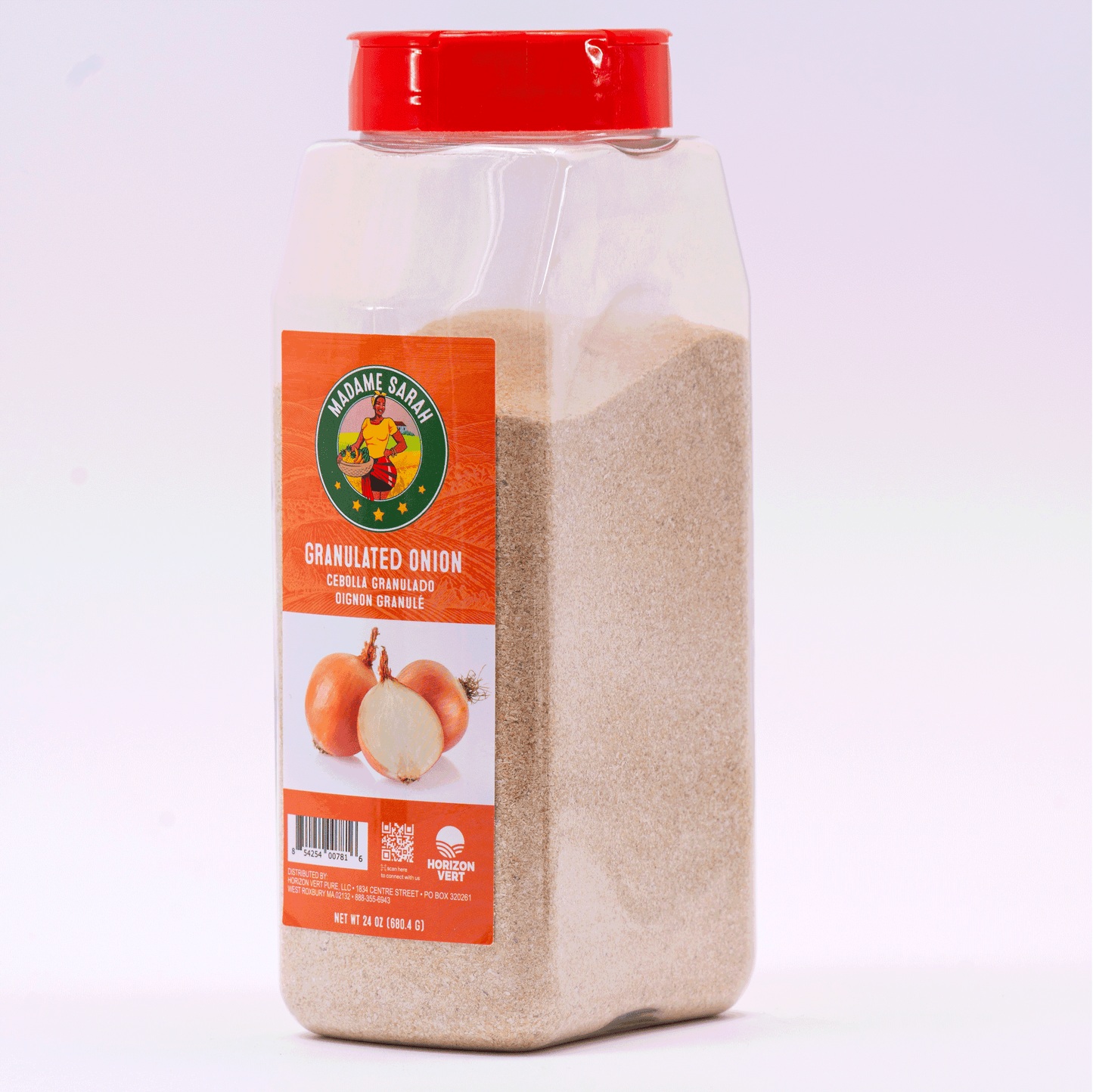 Angled view of Madame Sarah Granulated Onion bottle