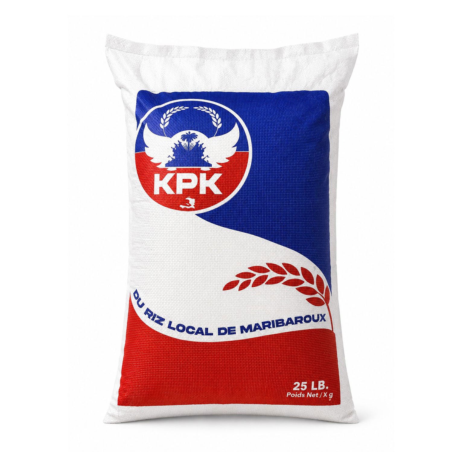 Front view of a package of KPK white rice. 