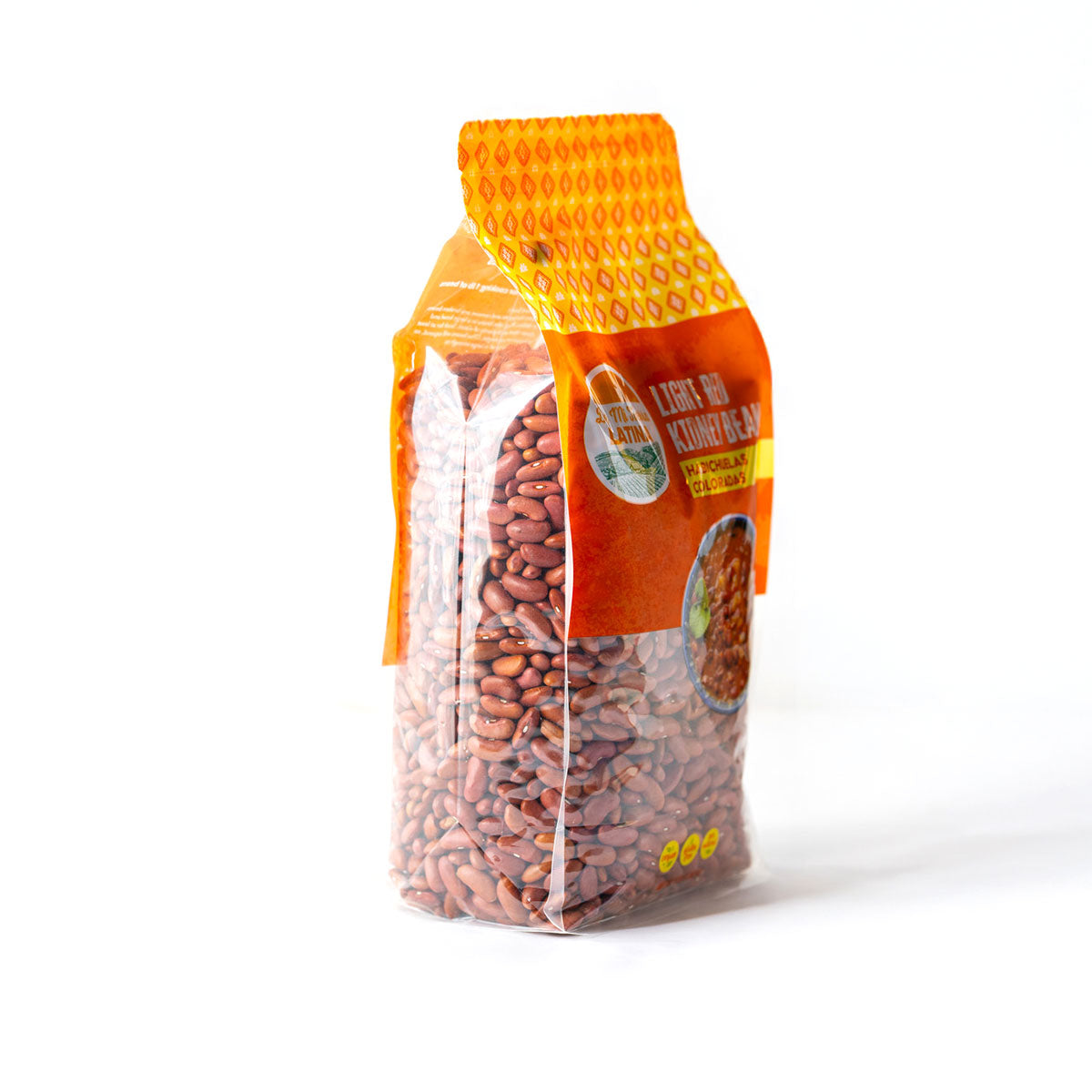 Bag of De Mi Tierra Latina light red kidney beans with an orange label on a white background