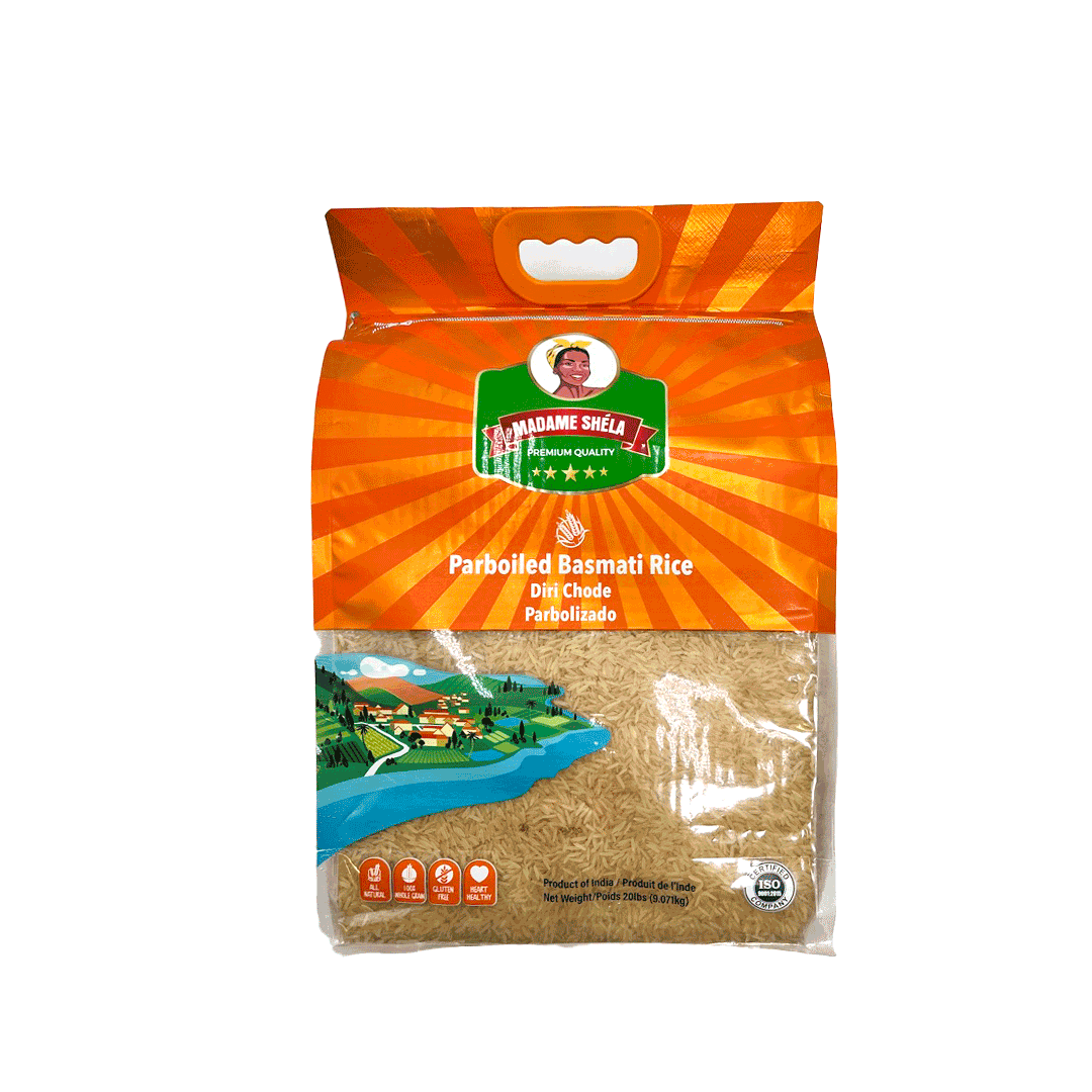 Front view of Madame Shela Parboiled Basmati Rice package