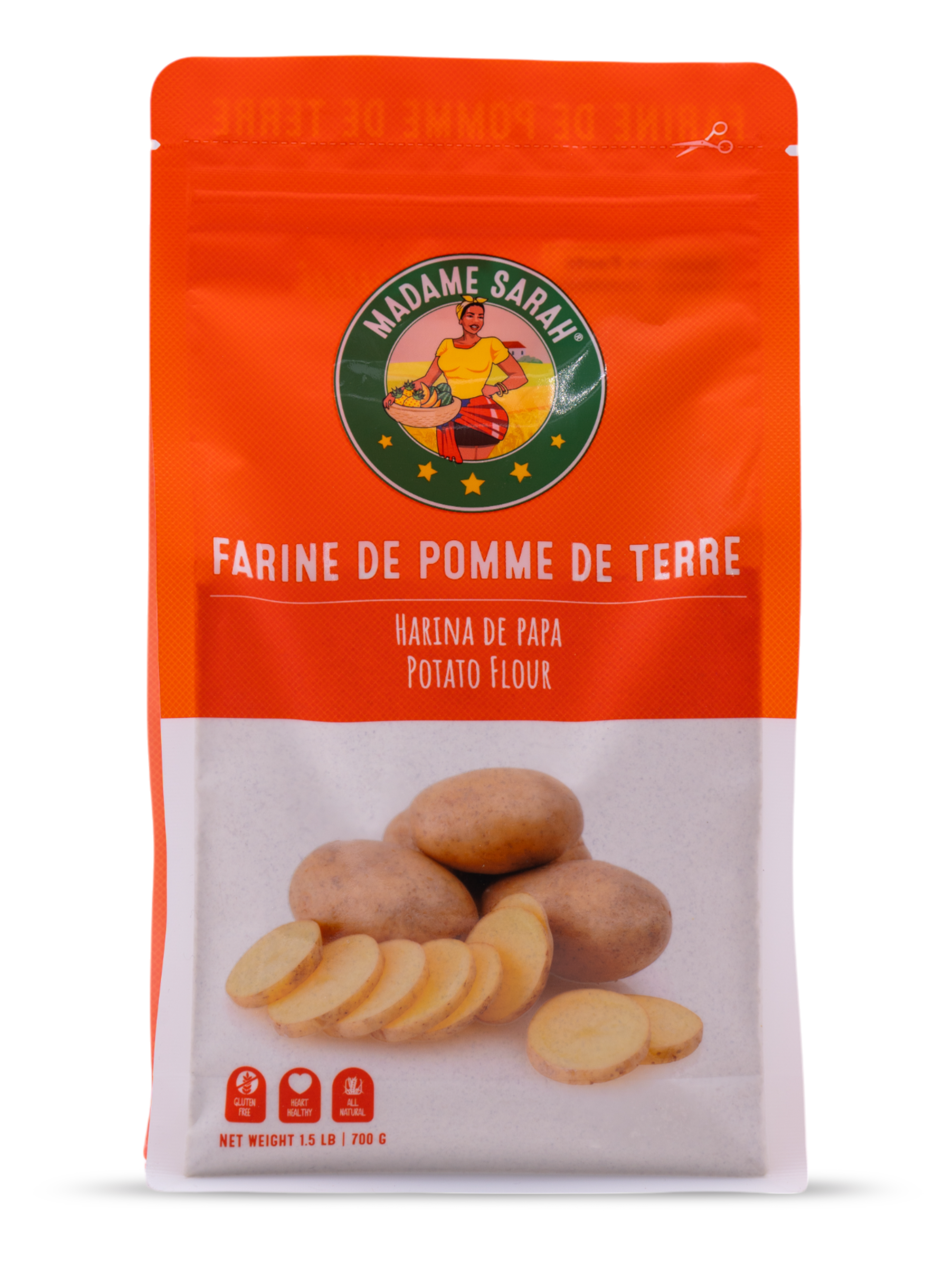 Front view of Madame Sarah Potato Flour (Farine de Pomme de Terre) package