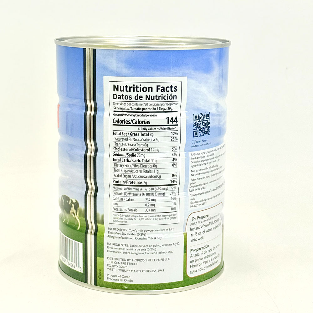 Back view of Horizon Vert Instant Whole Milk Powder can, showing nutrition label. 