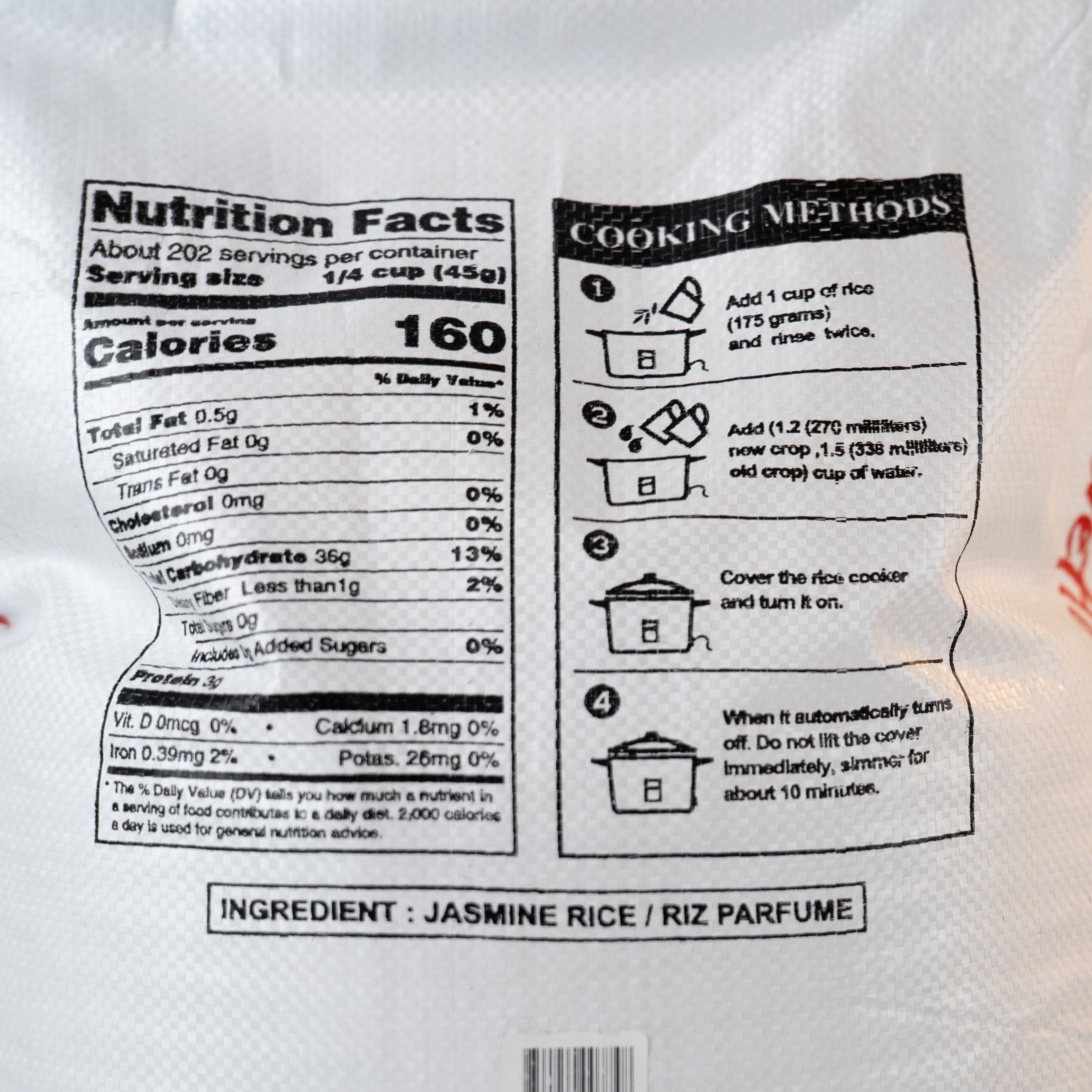 Nutrition label on Riz Crevette Jasmine Rice bag