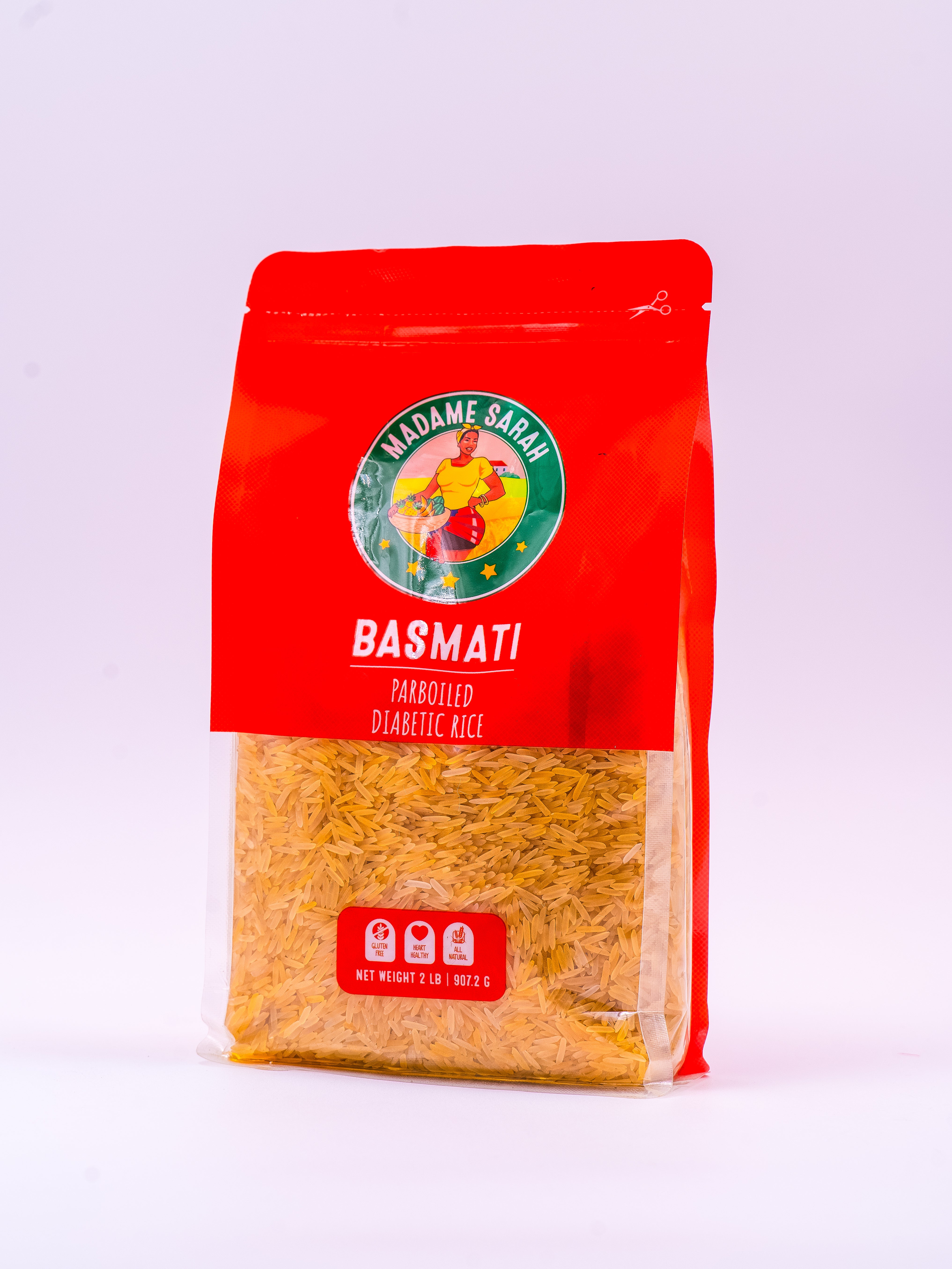 Angled view of Madame Sarah Basmati Rice package