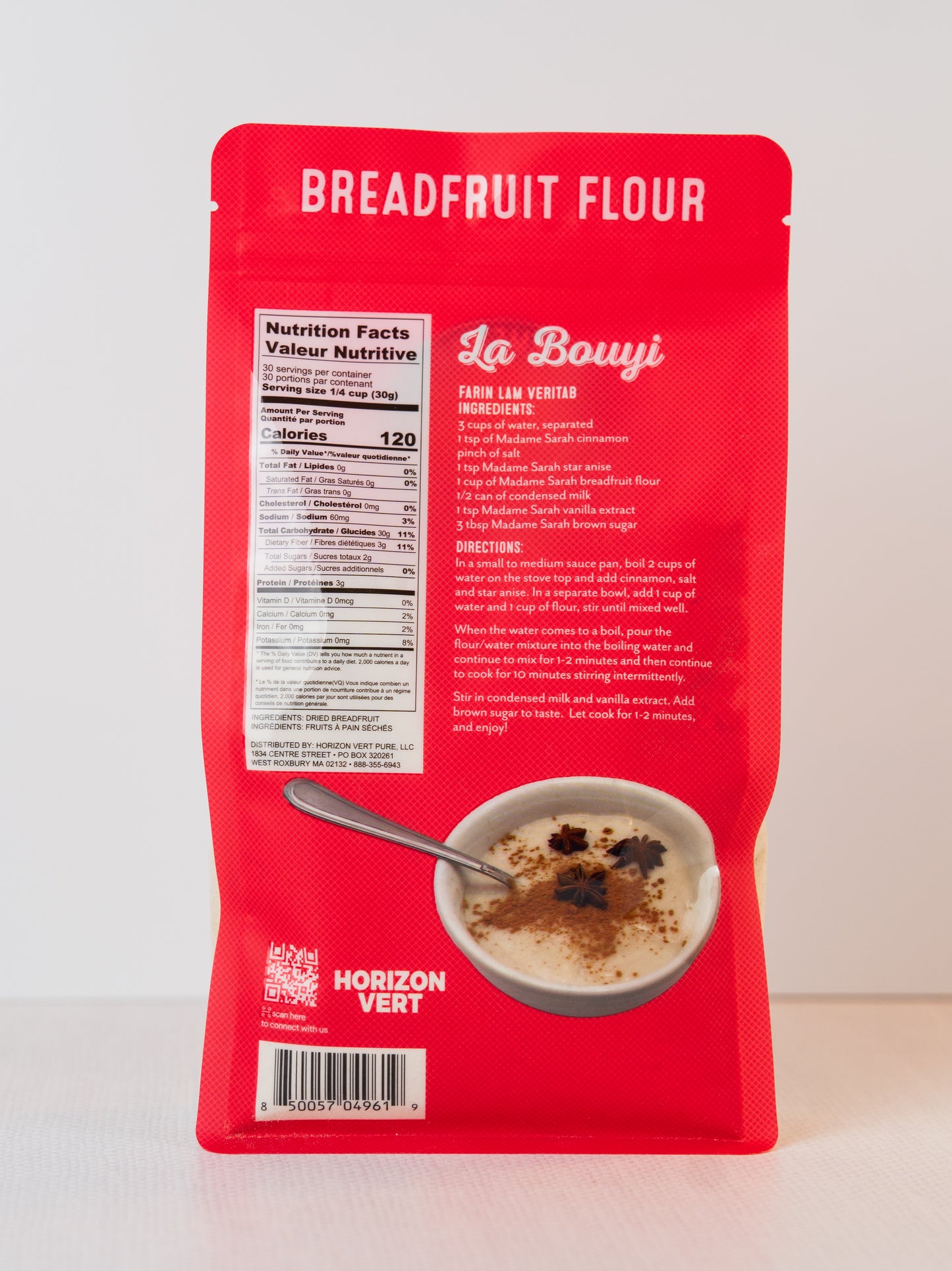 Back view of Madame Sarah Breadfruit Flour package