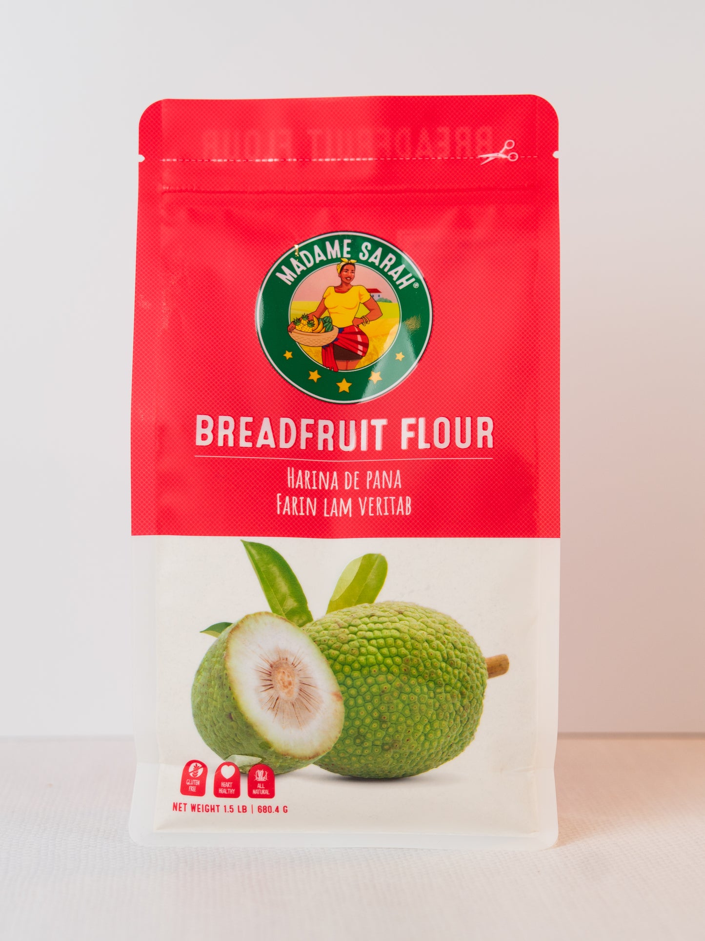 Front view of Madame Sarah Breadfruit Flour package