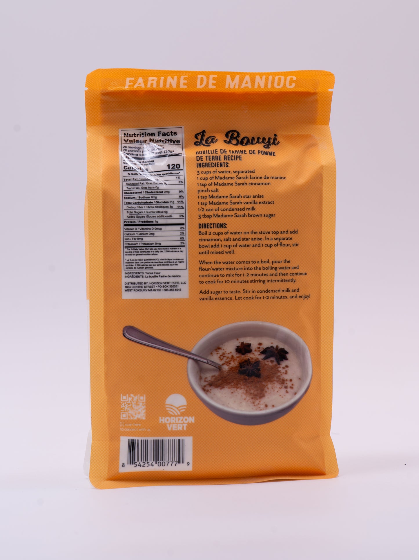 Back view of Madame Sarah Cassava Flour package