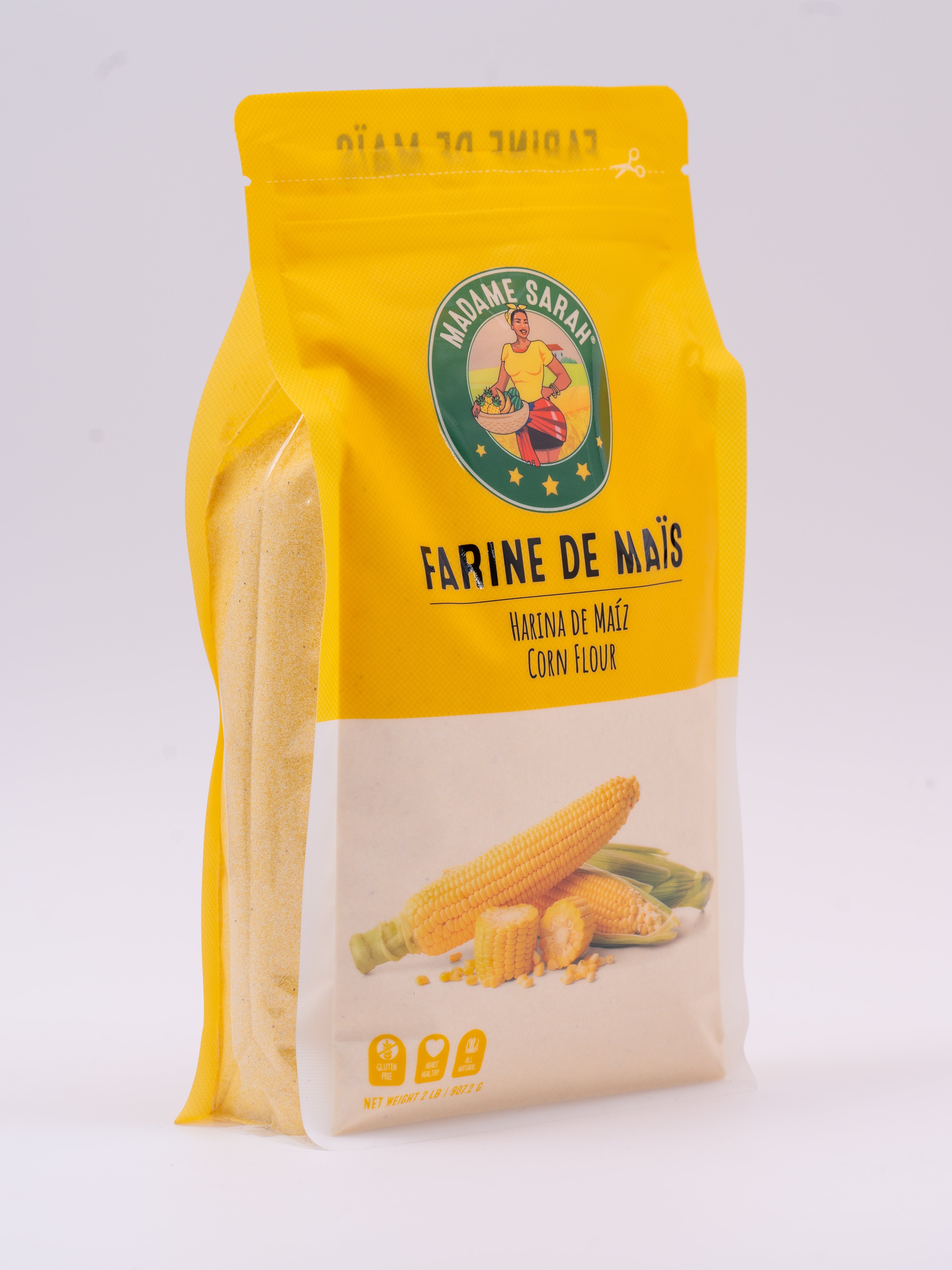 Angled view of Madame Sarah Corn Flour (Farine de Maïs) package