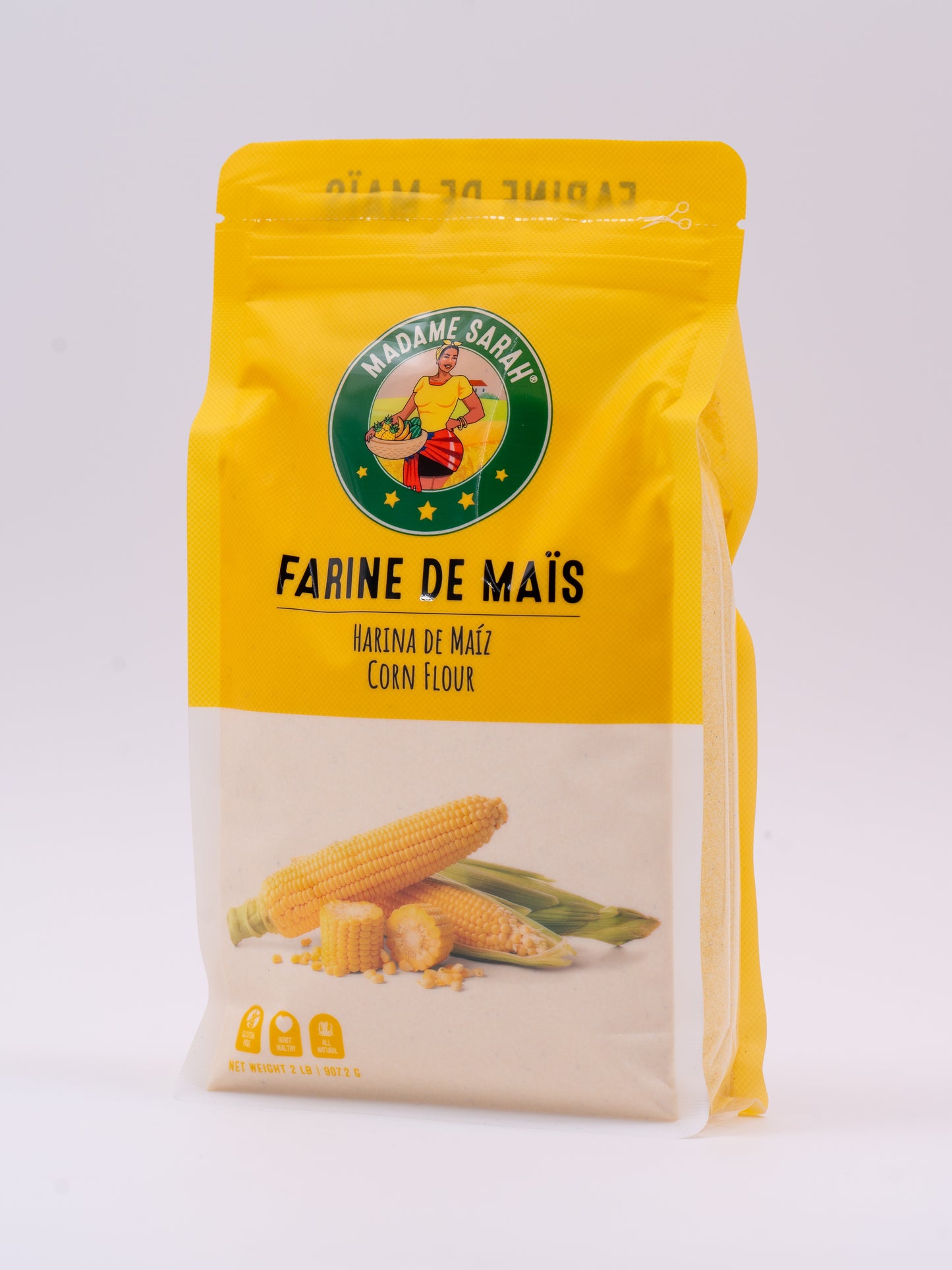 Angled view of Madame Sarah Corn Flour (Farine de Maïs) package