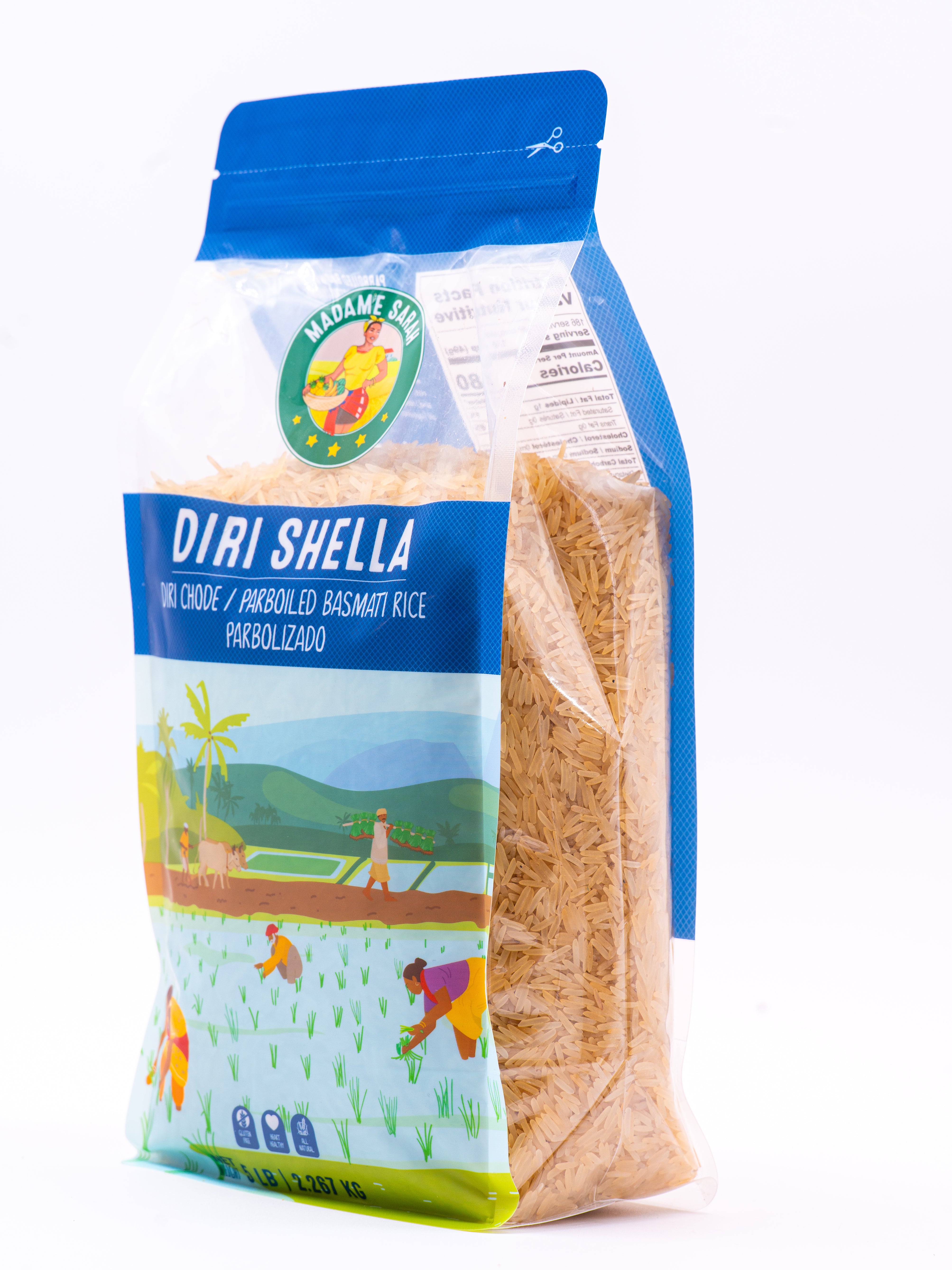 Angled view of Madame Sarah Diri Shella Haitian Rice package