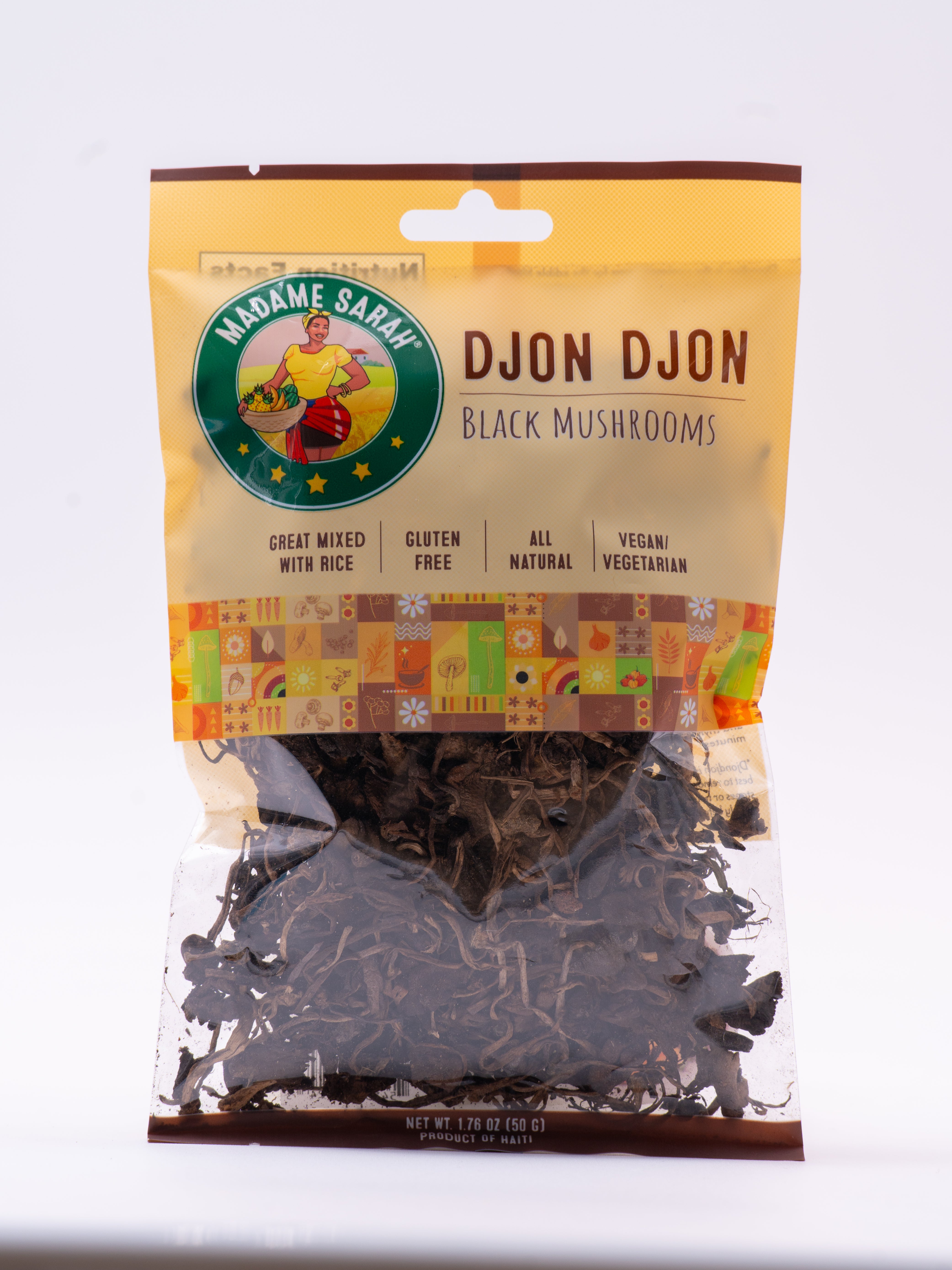 Front view of package of Madame Sarah Djon Djon Black Mushrooms 