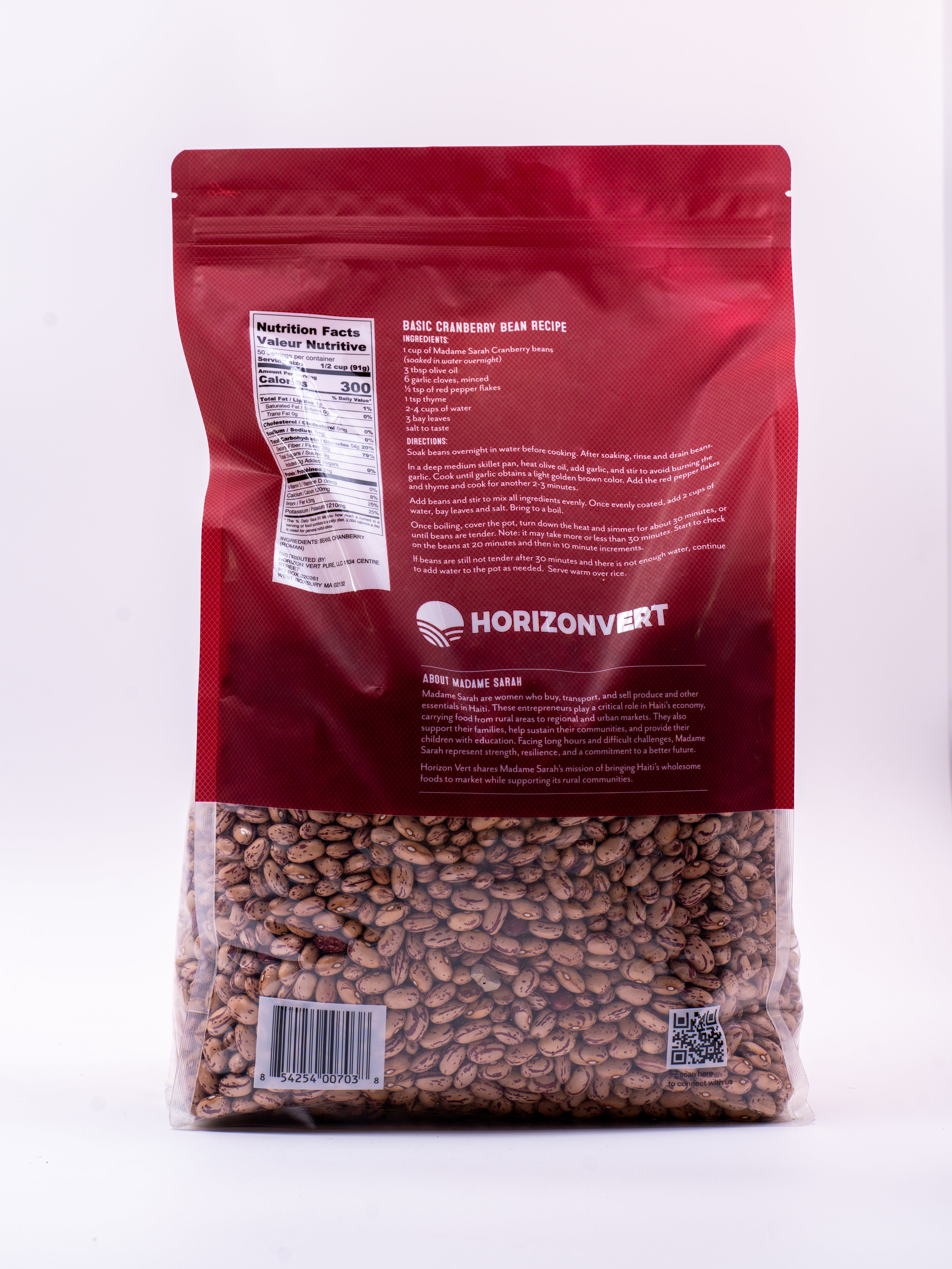 Back view of Madame Sarah Dried Cranberry Beans package (5 pounds)