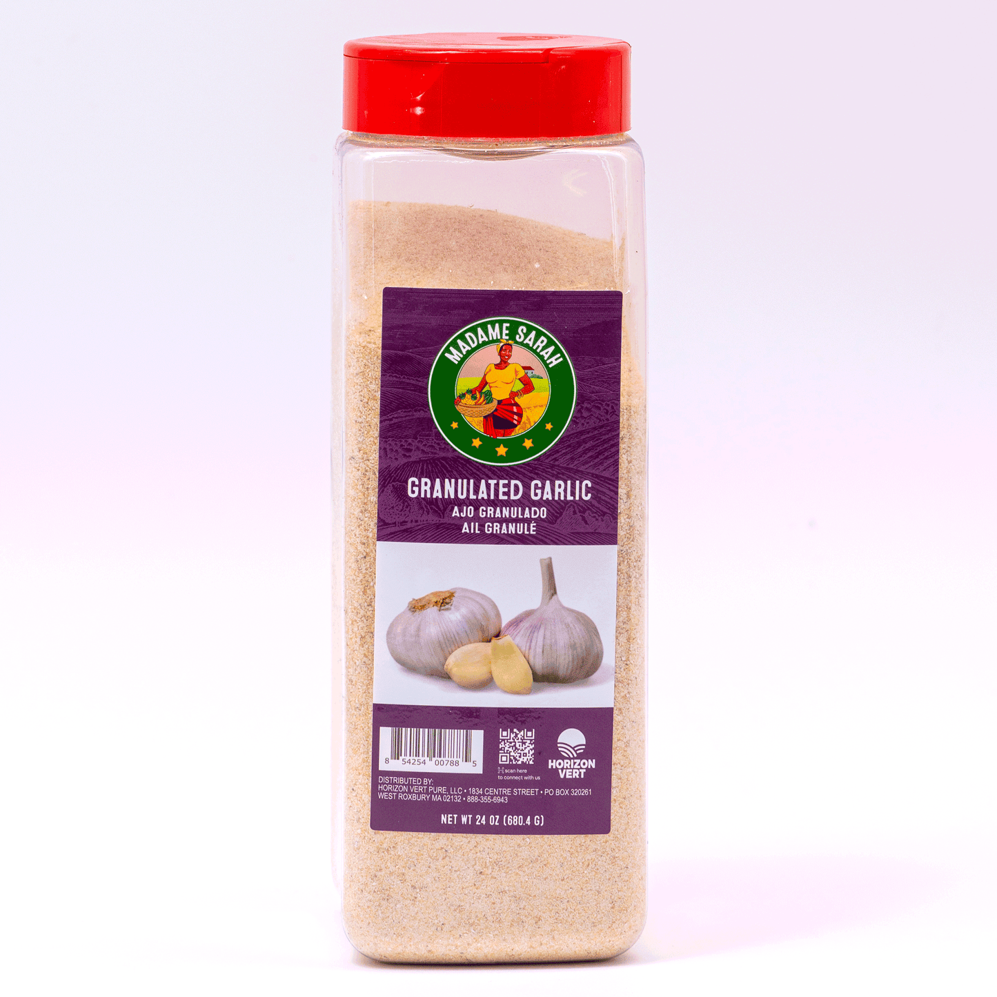 Front view of Madame Sarah Granulated Garlic bottle