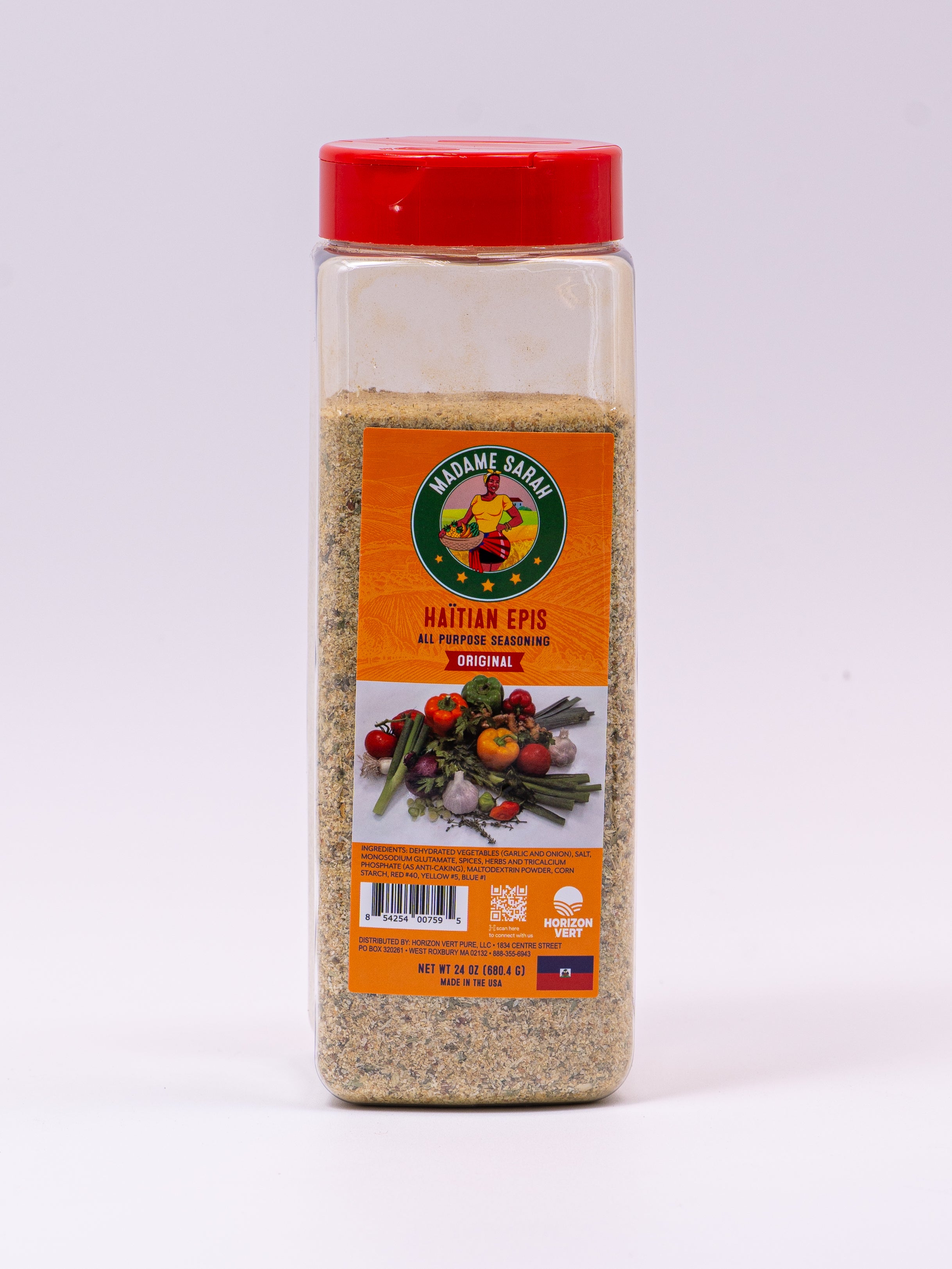 24 ounce container of Madame Sarah Powdered Haitian Epis Seasoning (front view)