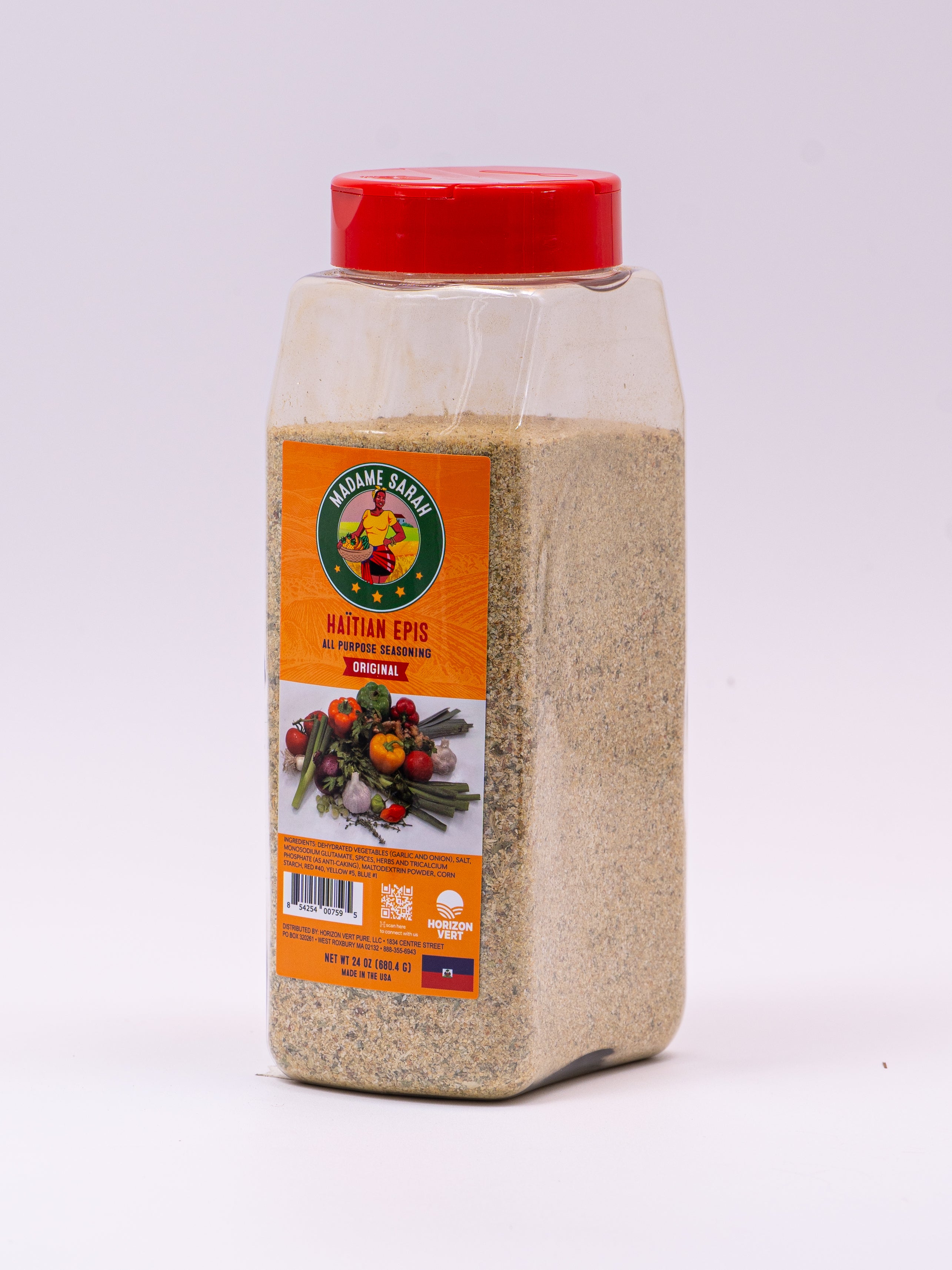 24 ounce container of Madame Sarah Powdered Haitian Epis Seasoning (angled view)