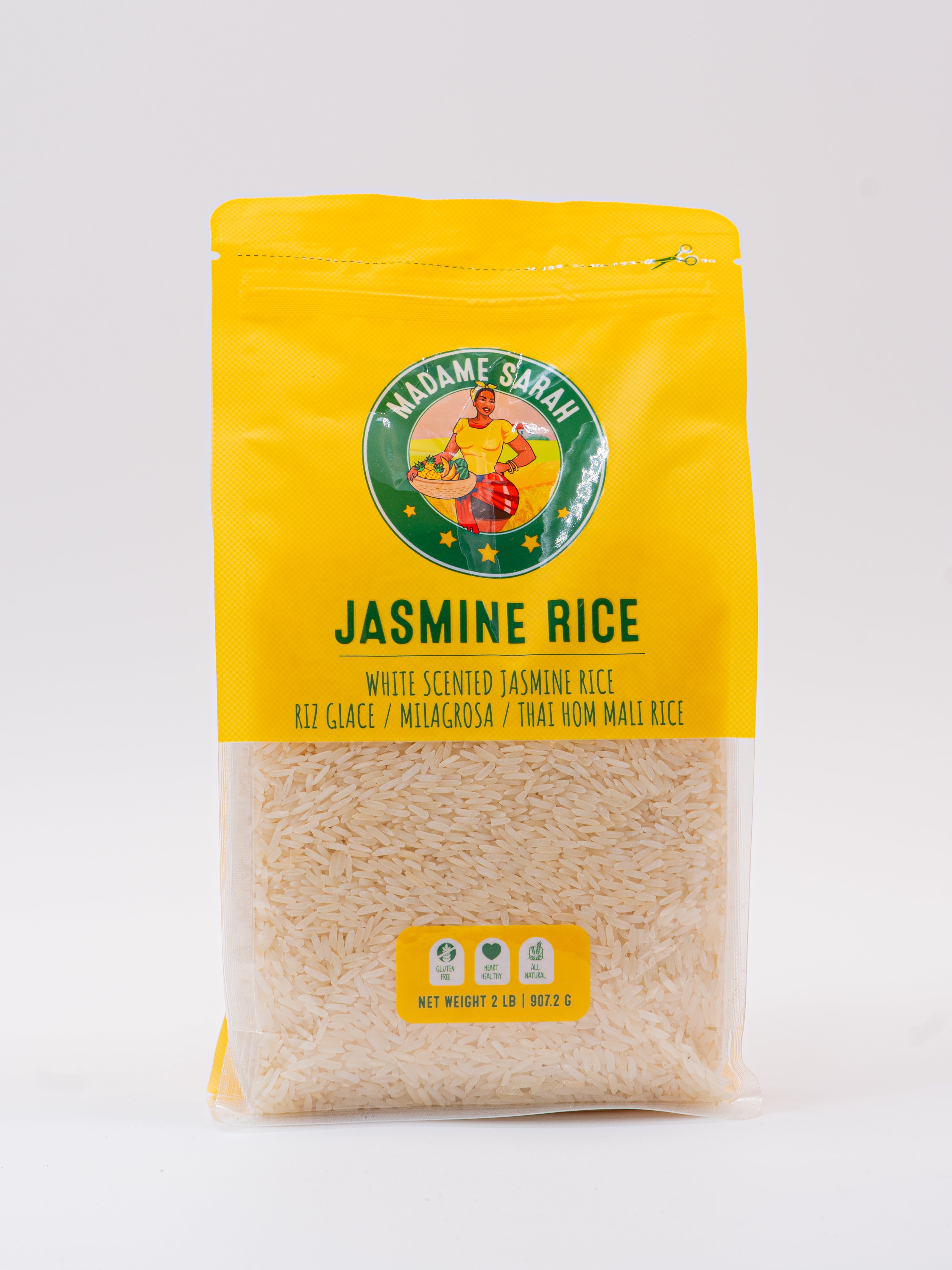 Front view of Madame Sarah Jasmine Rice (long-grain rice) package 