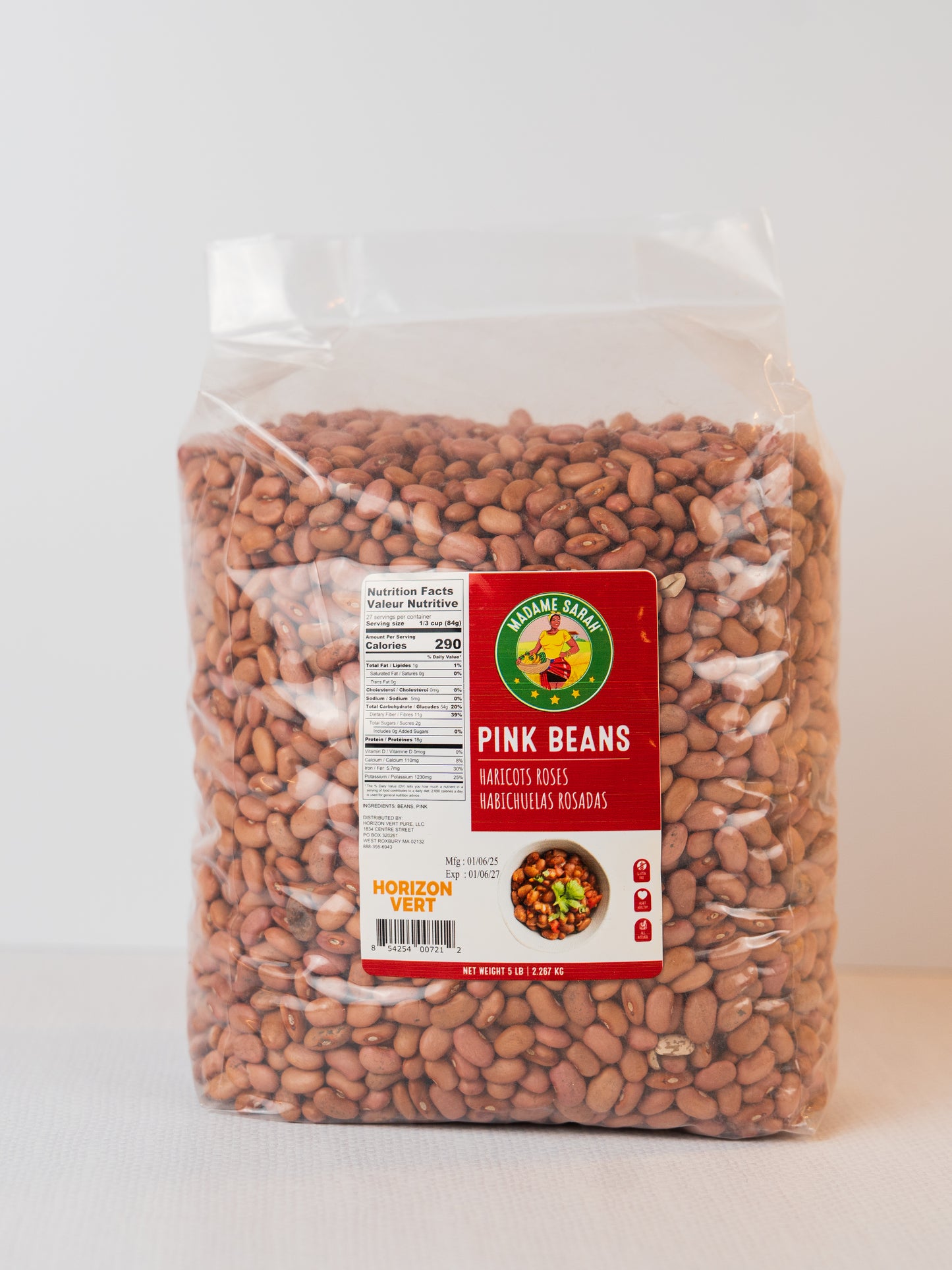 Front view of Madame Sarah Pink Beans package