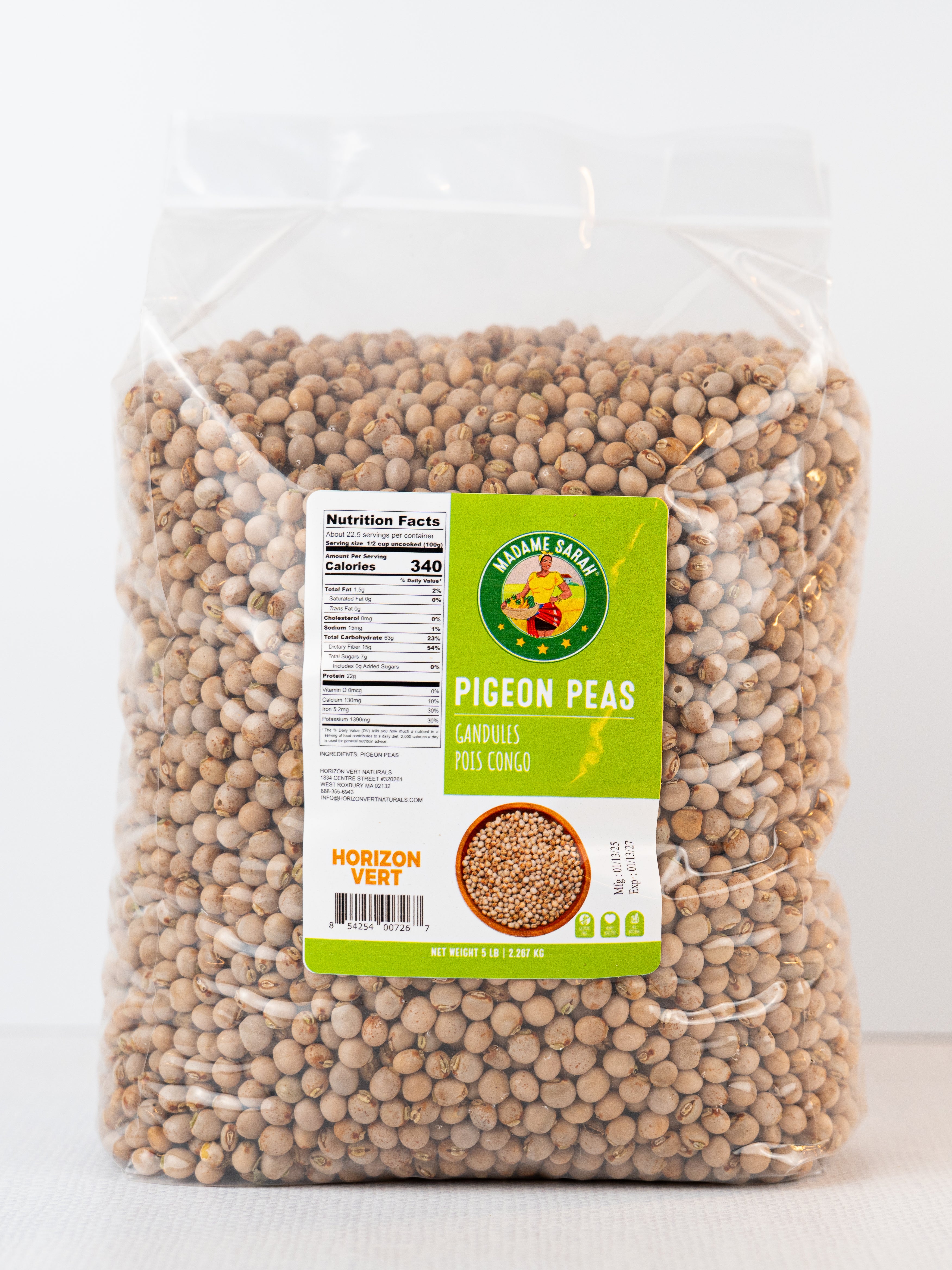 Front view of Madame Sarah Pigeon Peas package