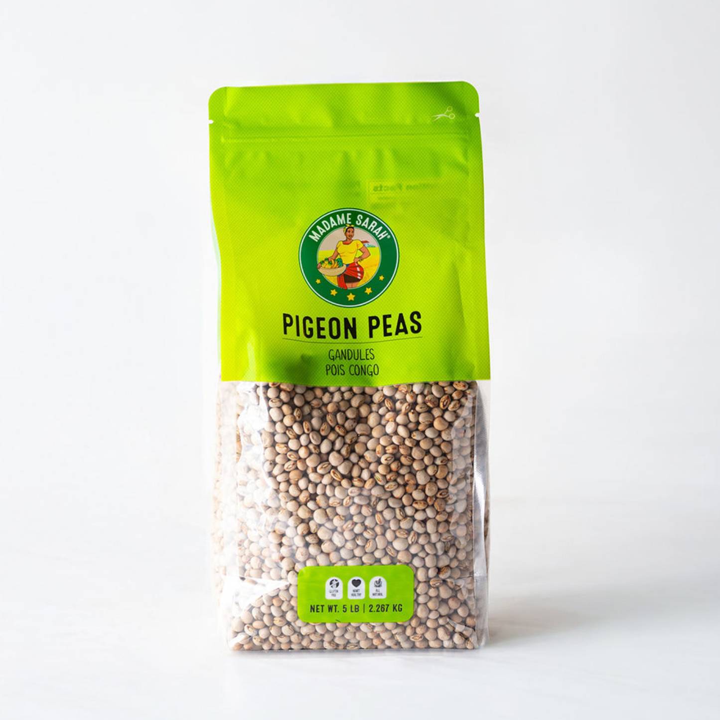 Bag of madame sarah pigeon peas with a green label on a white background