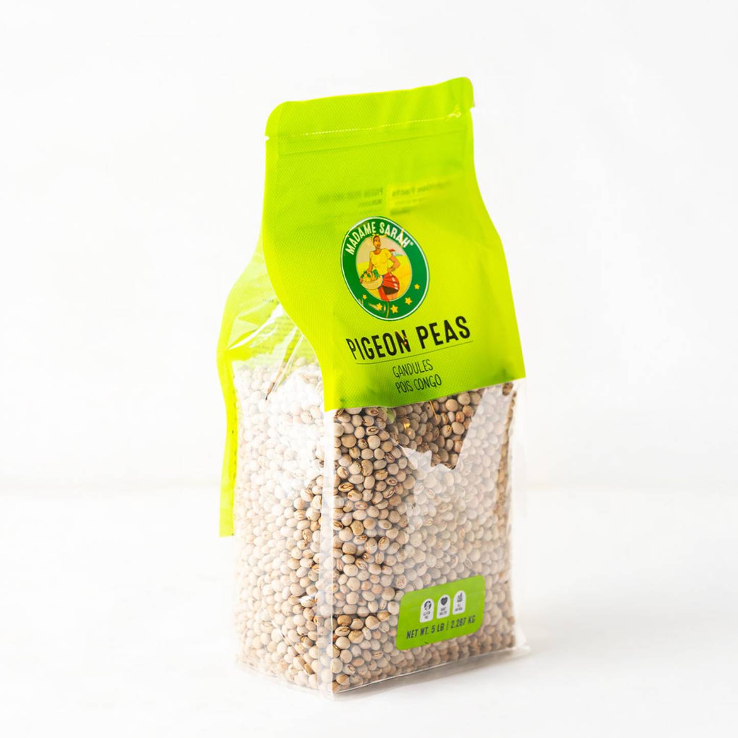 Bag of madame sarah pigeon peas with a green label on a white background