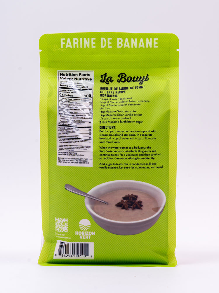 Angled view of Madame Sarah Plantain Flour (Farine de Banane)