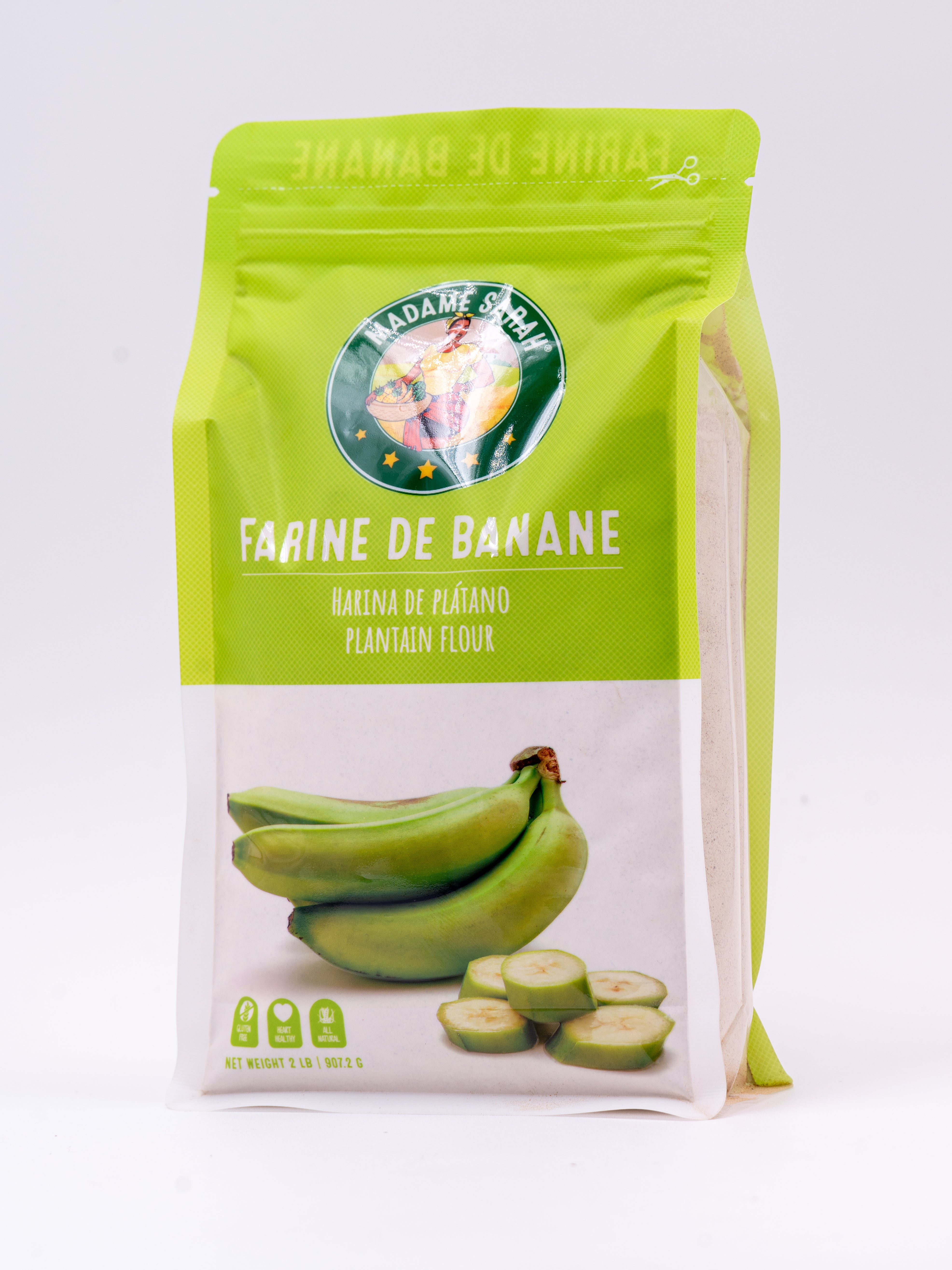 Angled view of Madame Sarah Plantain Flour (Farine de Banane)