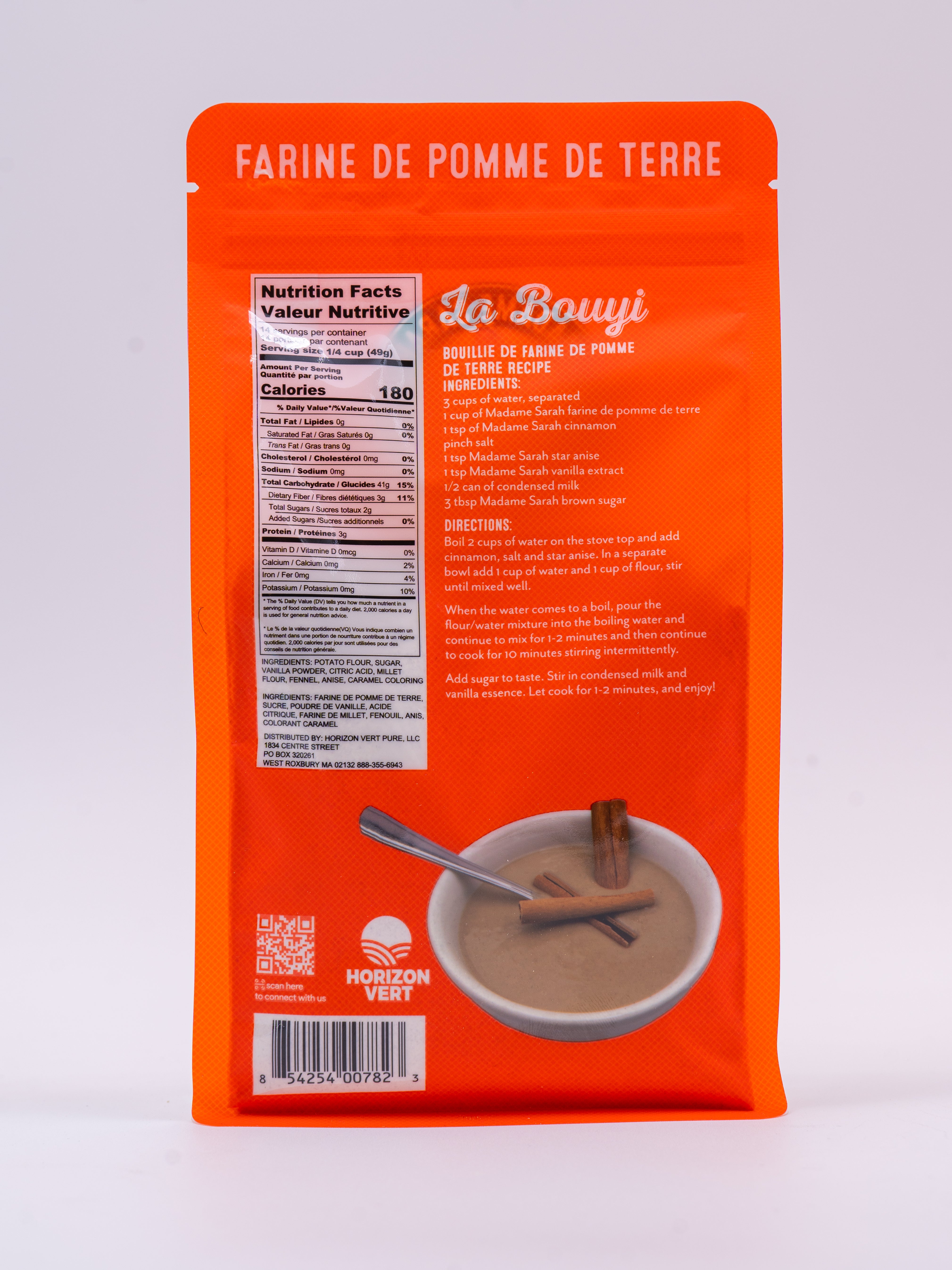 Back view of Madame Sarah Potato Flour (Farine de Pomme de Terre) package