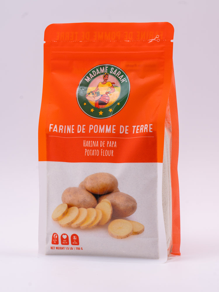 Angled view of Madame Sarah Potato Flour (Farine de Pomme de Terre) package