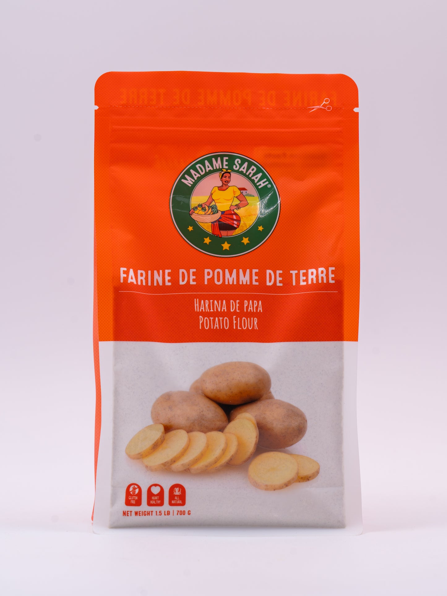 Front view of Madame Sarah Potato Flour (Farine de Pomme de Terre) package