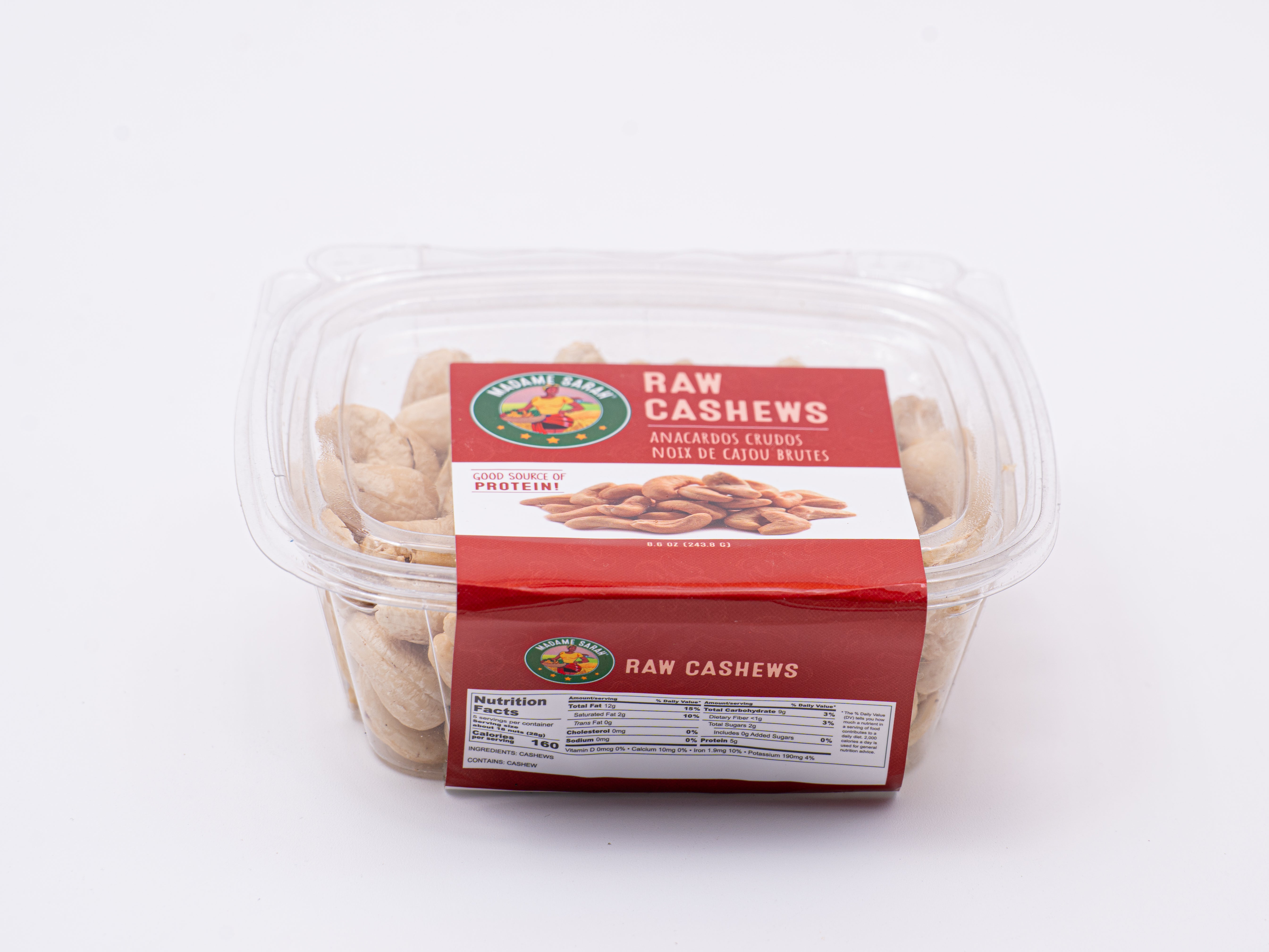 Angled view of Madame Sarah Raw Cashews package