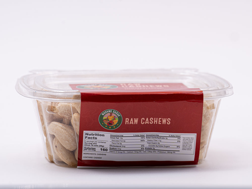 Nutrition label view of Madame Sarah Raw Cashews package