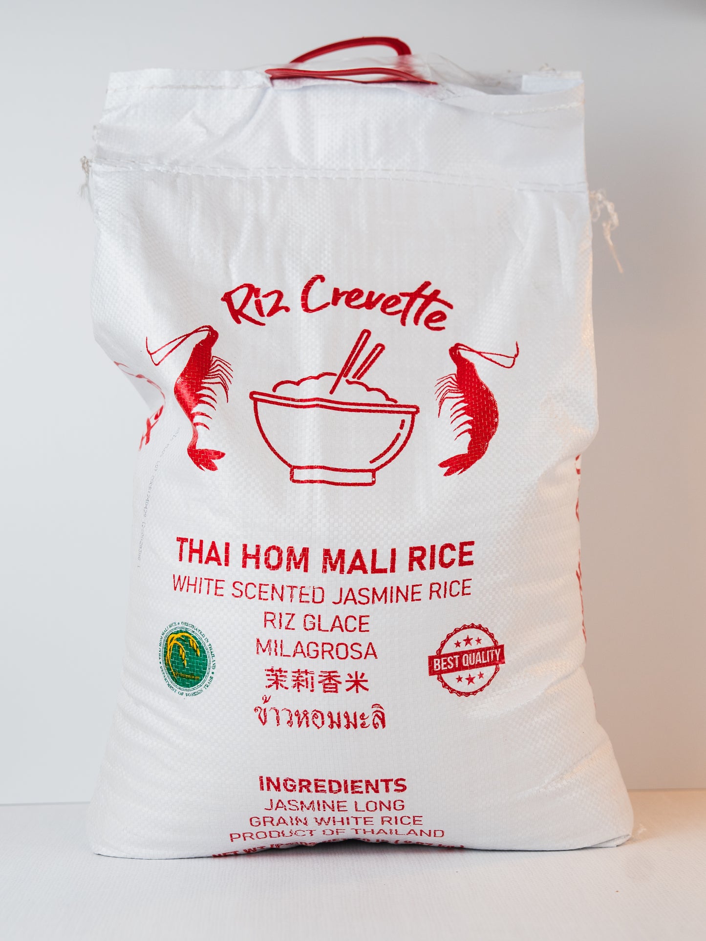 Front view of Riz Crevette Jasmine Rice bag