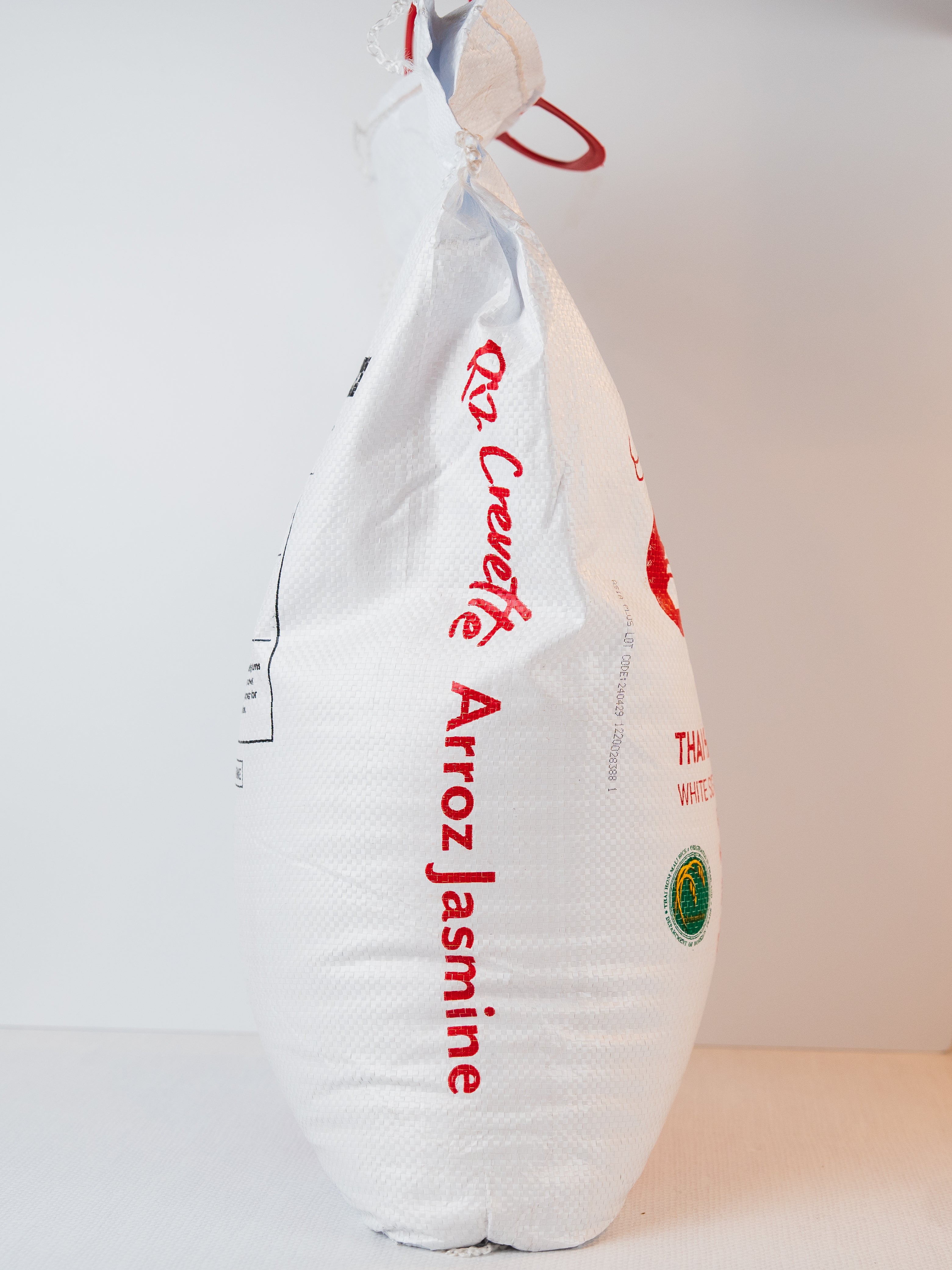 Side view of Riz Crevette Jasmine Rice bag