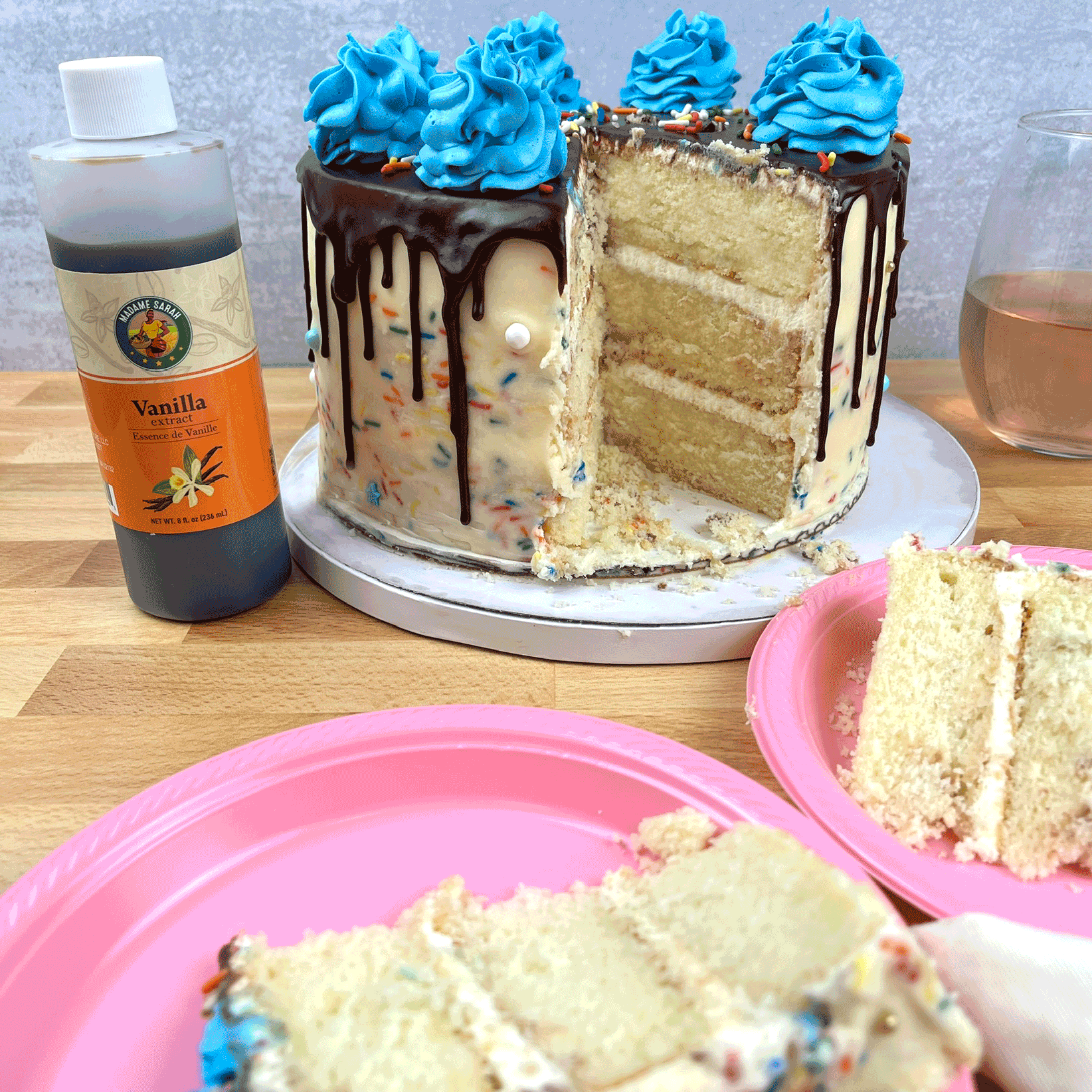 Madame Sarah Vanilla Extract bottle with birthday cake