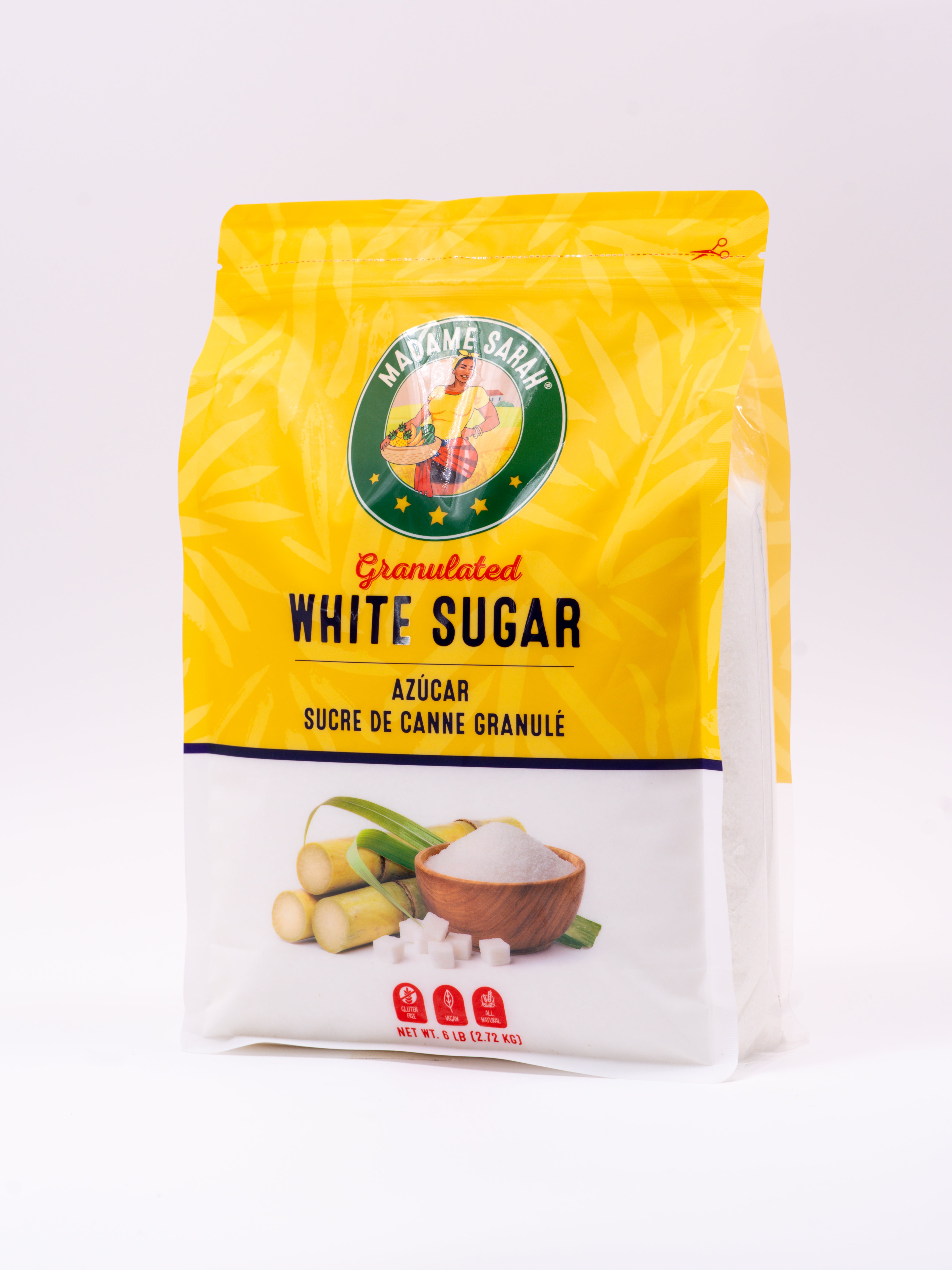 Angled view of Madame Sarah White Sugar package