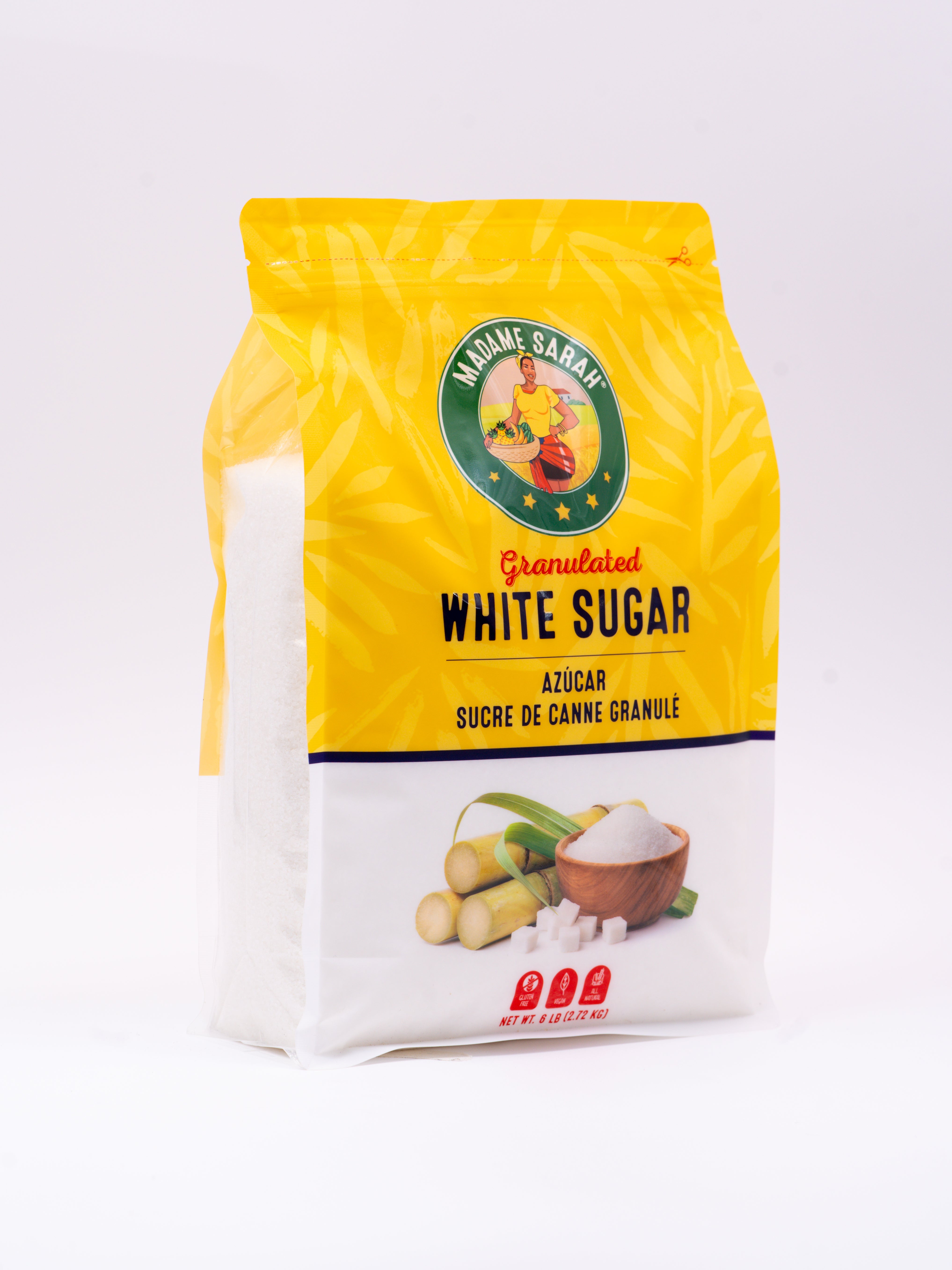 Angled view of Madame Sarah White Sugar package